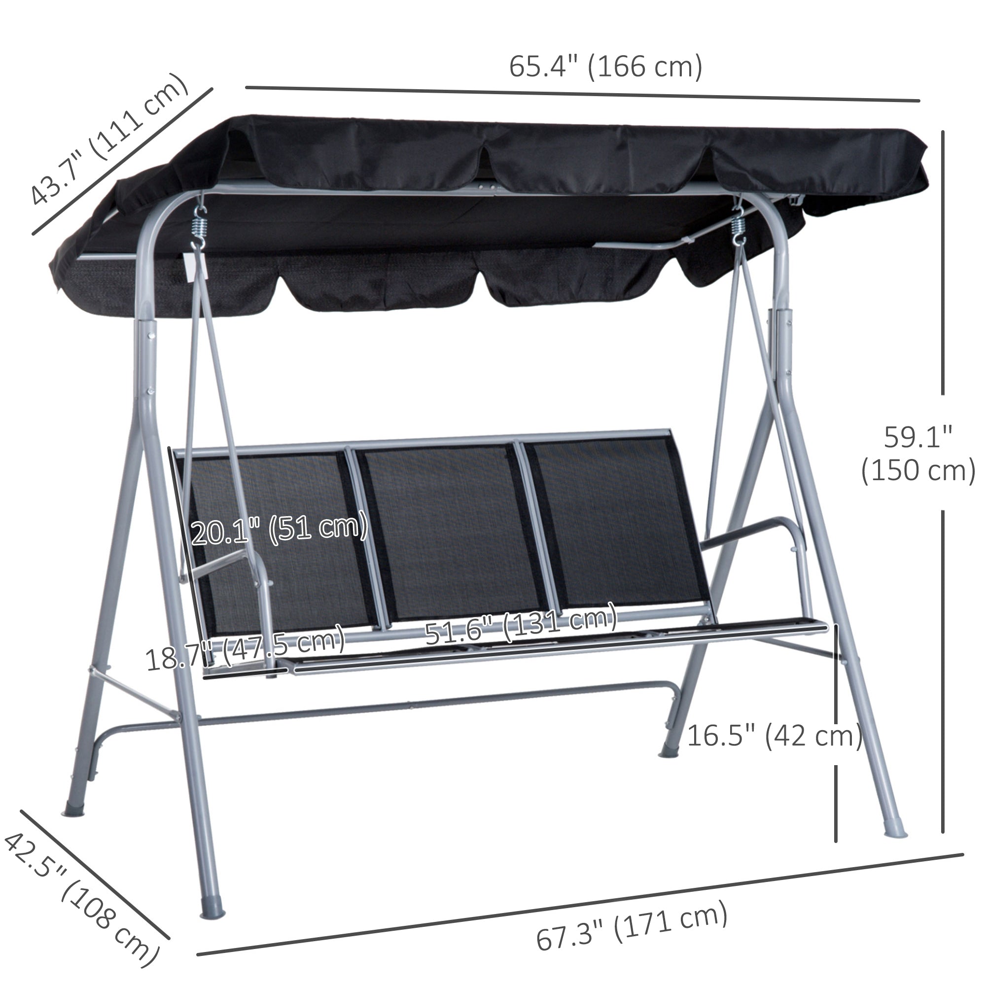 3-Seater Patio Swing, Outdoor Swing Chair, A Frame Porch Swing with Canopy Garden Hammock Glider Bed, Black