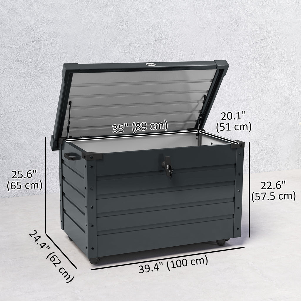 78 Gallon Garden Storage Box, Waterproof Outdoor Storage Container with Wheels and Handles, Dark Grey