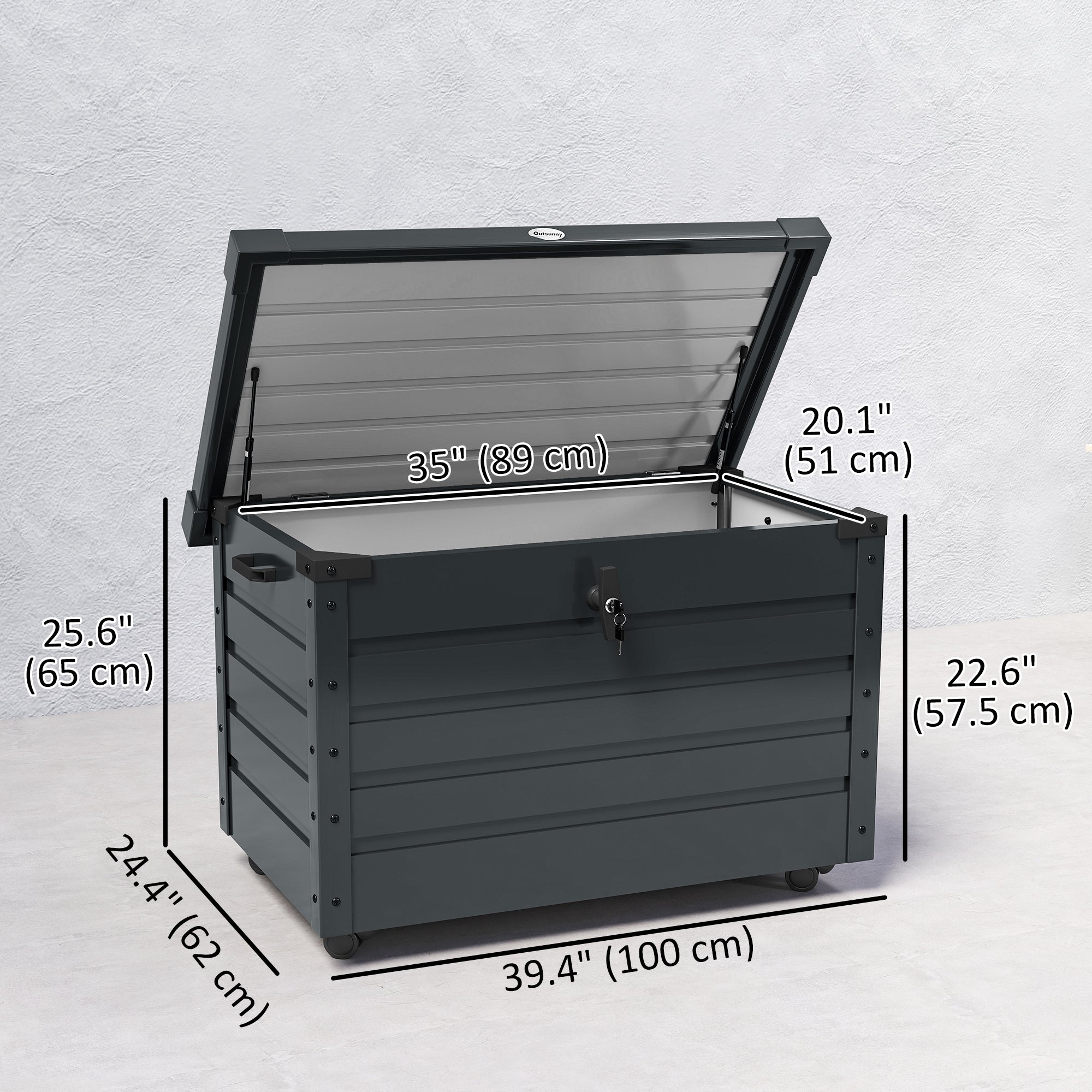 78 Gallon Garden Storage Box, Waterproof Outdoor Storage Container with Wheels and Handles, Dark Grey