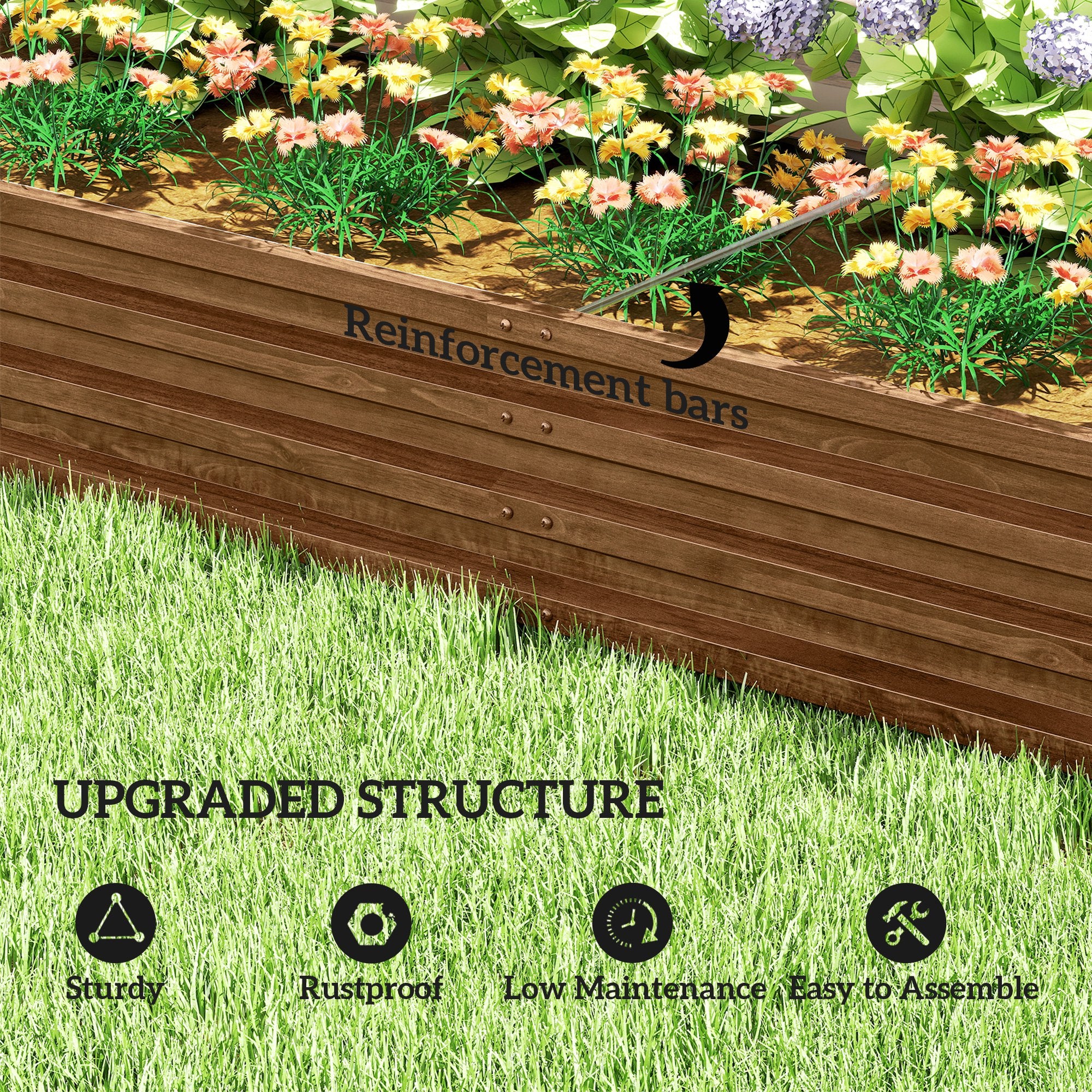 L-Shaped Raised Garden Bed, 82" x 109" x 12" Galvanized Steel Planter Box with Multi-reinforced Rods for Vegetables, Flowers and Herbs, Dark Brown Wood Effect
