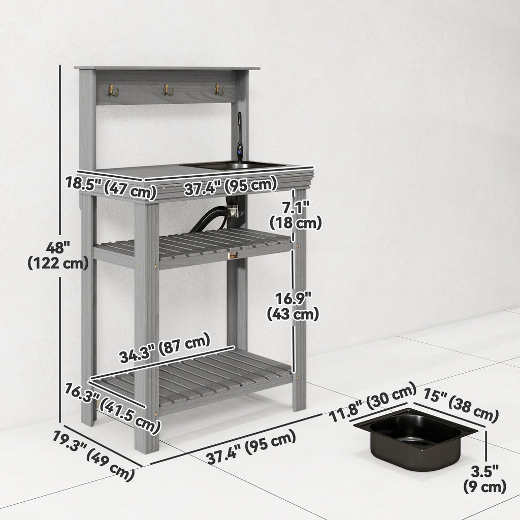 Outdoor Potting Bench Table with Faucet, Removable Sink, Hooks and Storage Shelves, Wood Work Bench Workstation, Grey