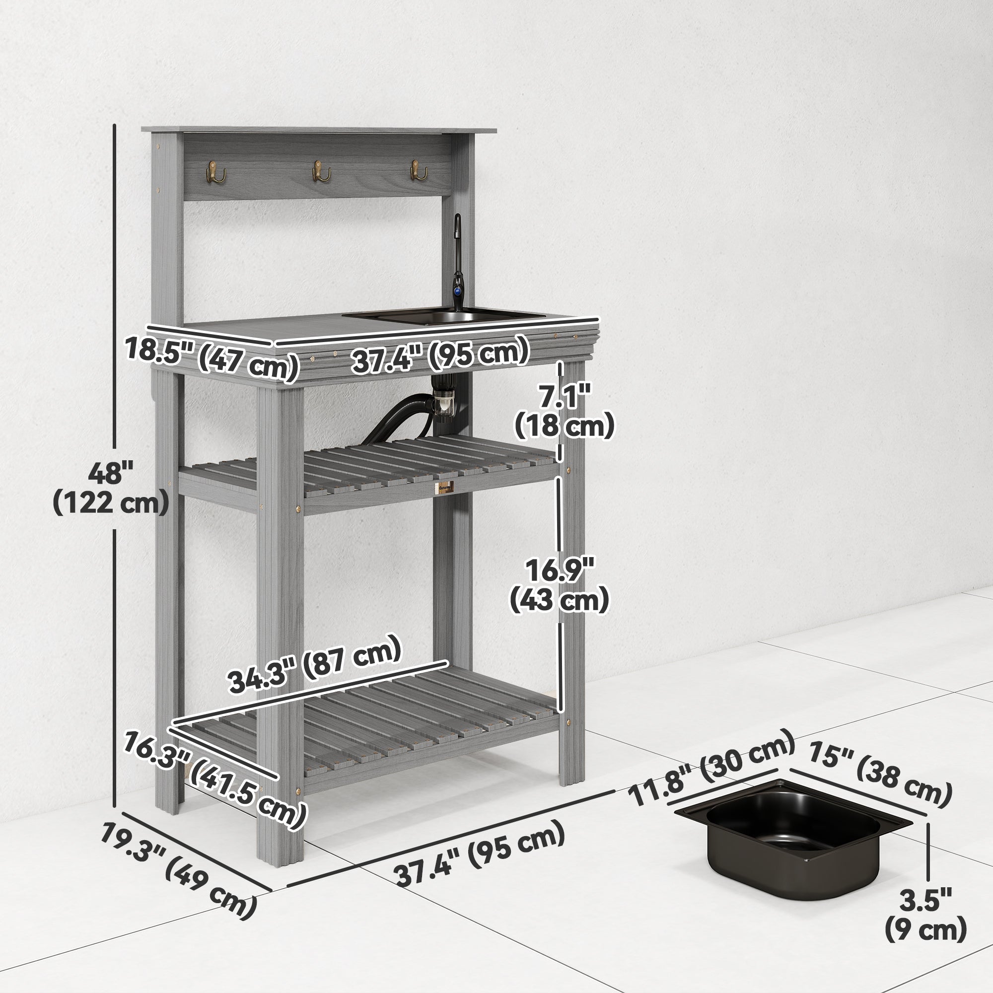 Outdoor Potting Bench Table with Faucet, Removable Sink, Hooks and Storage Shelves, Wood Work Bench Workstation, Grey