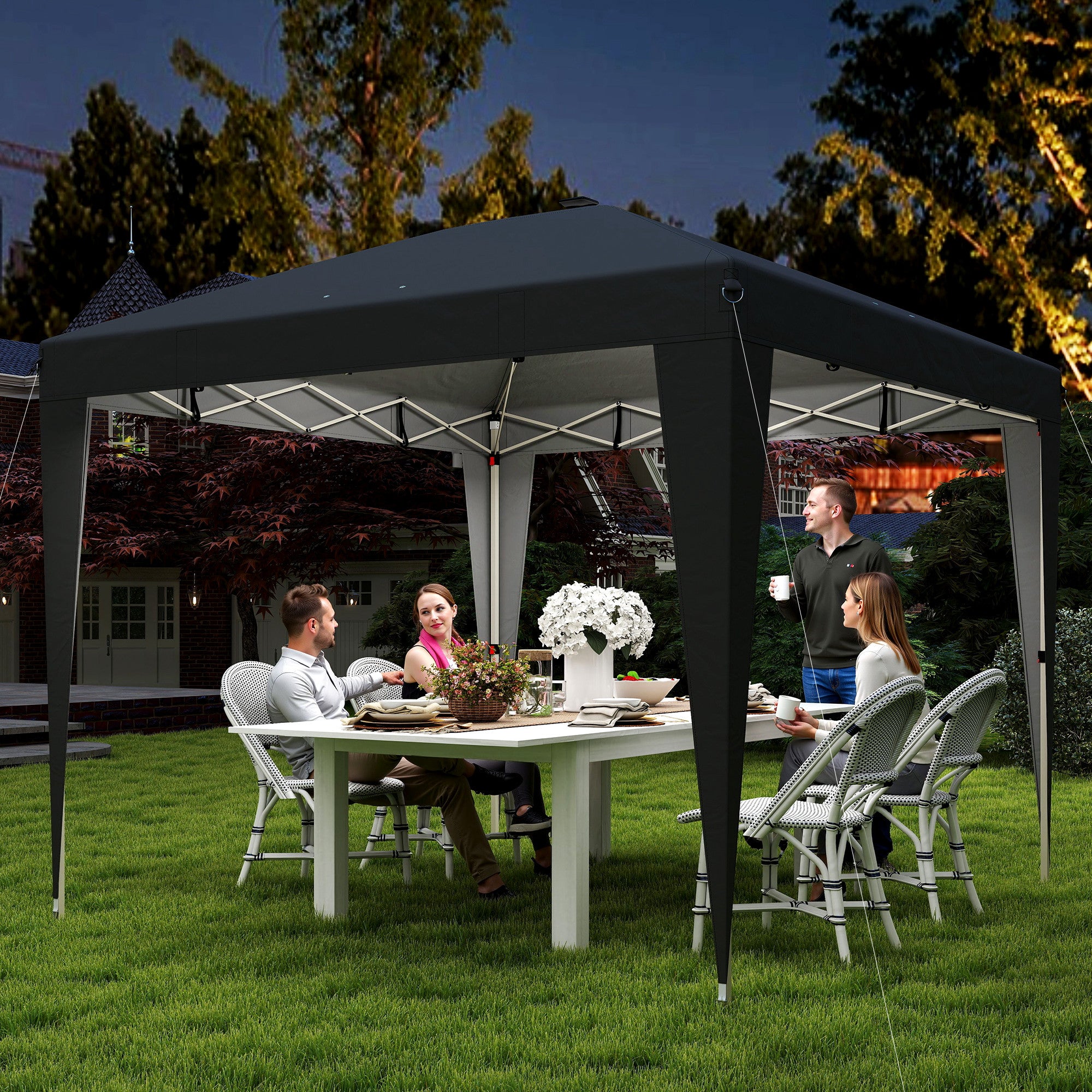 10 x 10 ft Pop Up Canopy Tent with Central Light, UPF 50+ Instant Portable Canopy Shelter with Remote, Black