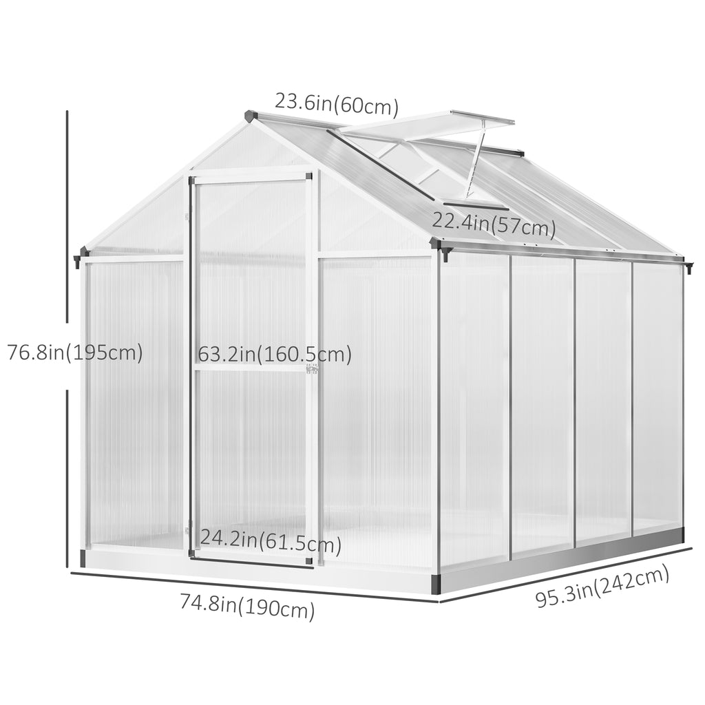 6' x 8' x 6.4' Polycarbonate Greenhouse, Aluminum Walk-In Green House Kit Garden, Plants Grow with Rain Gutter and Roof Vent, Silver