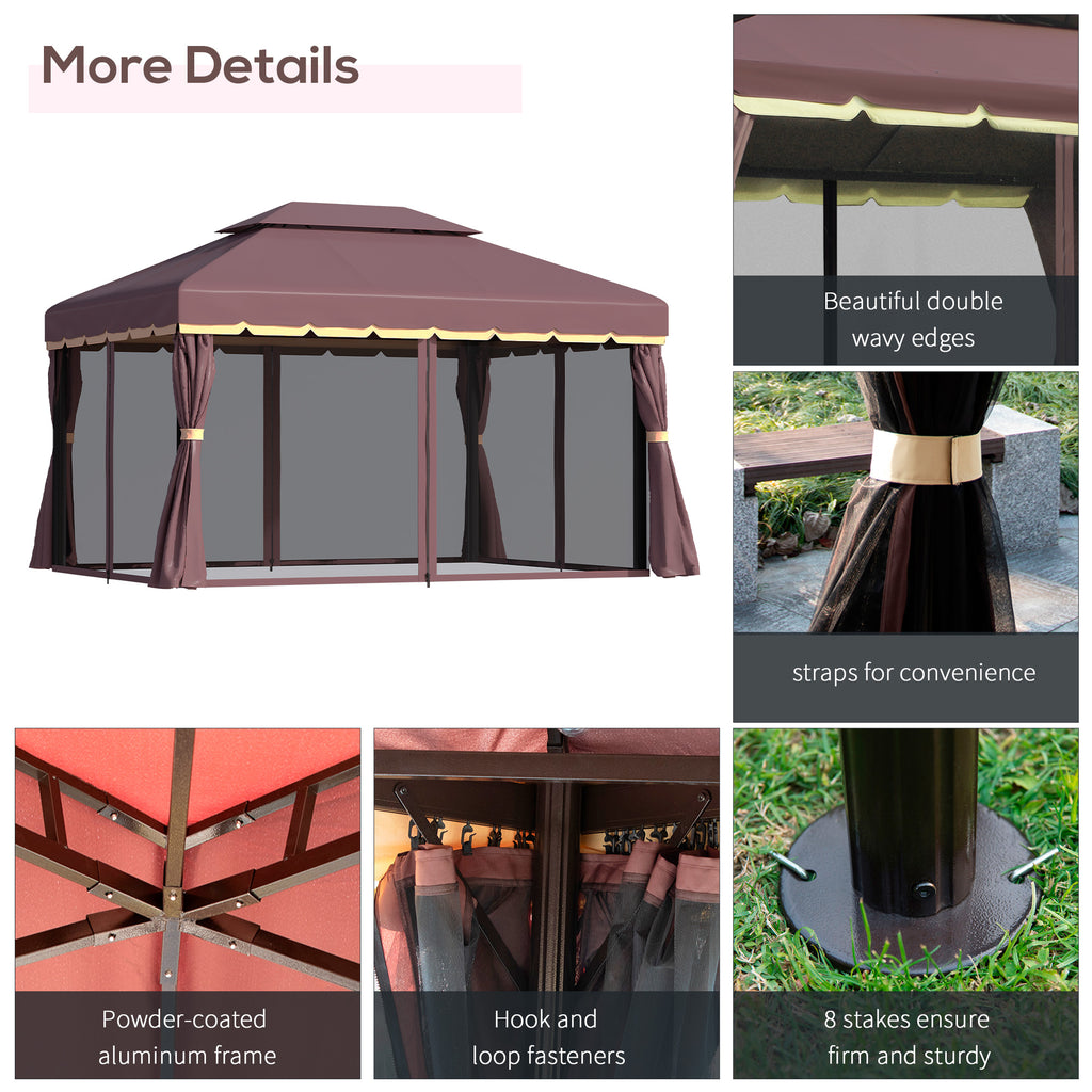 10 x 13ft Aluminum Frame Gazebo Canopy Double Tier Garden Shelter with Netting and Curtains, Coffee