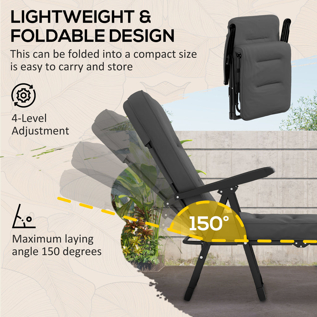 Outdoor Lounge Chair with Padded Cushion, Folding Reclining Patio Garden Chair with Recline Back, Footrest, for Poolside, Patio, Light Grey
