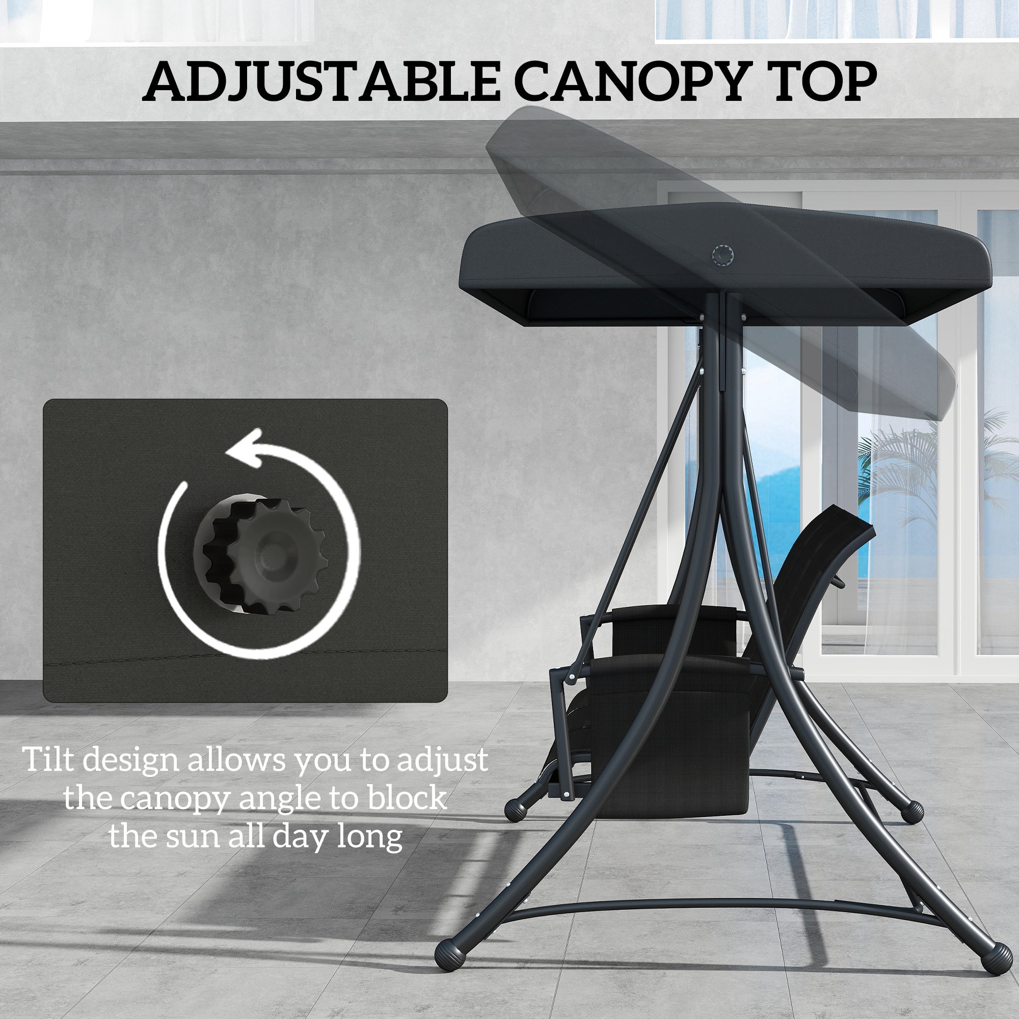 3 Person Outdoor Porch Swing Chair with Adjustable Canopy, Black