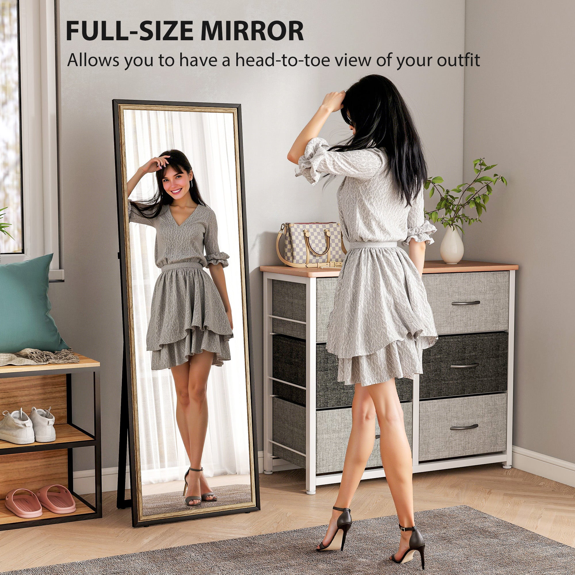 Full Length Mirror, 64" x 21" Rectangle Full Body Mirror with Dual-Tone Frame for Bedroom, Black