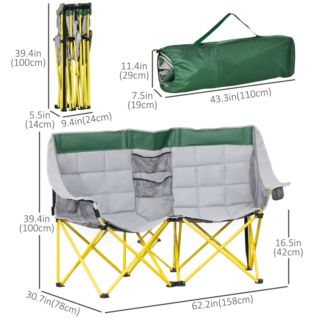 62" W Double Seat Camping Chair Folding Lawn Loveseat w/ Storage Pocket & Cup Holder Compact in a Bag for Outdoor, Beach, Picnic, Hiking, Travel, Green