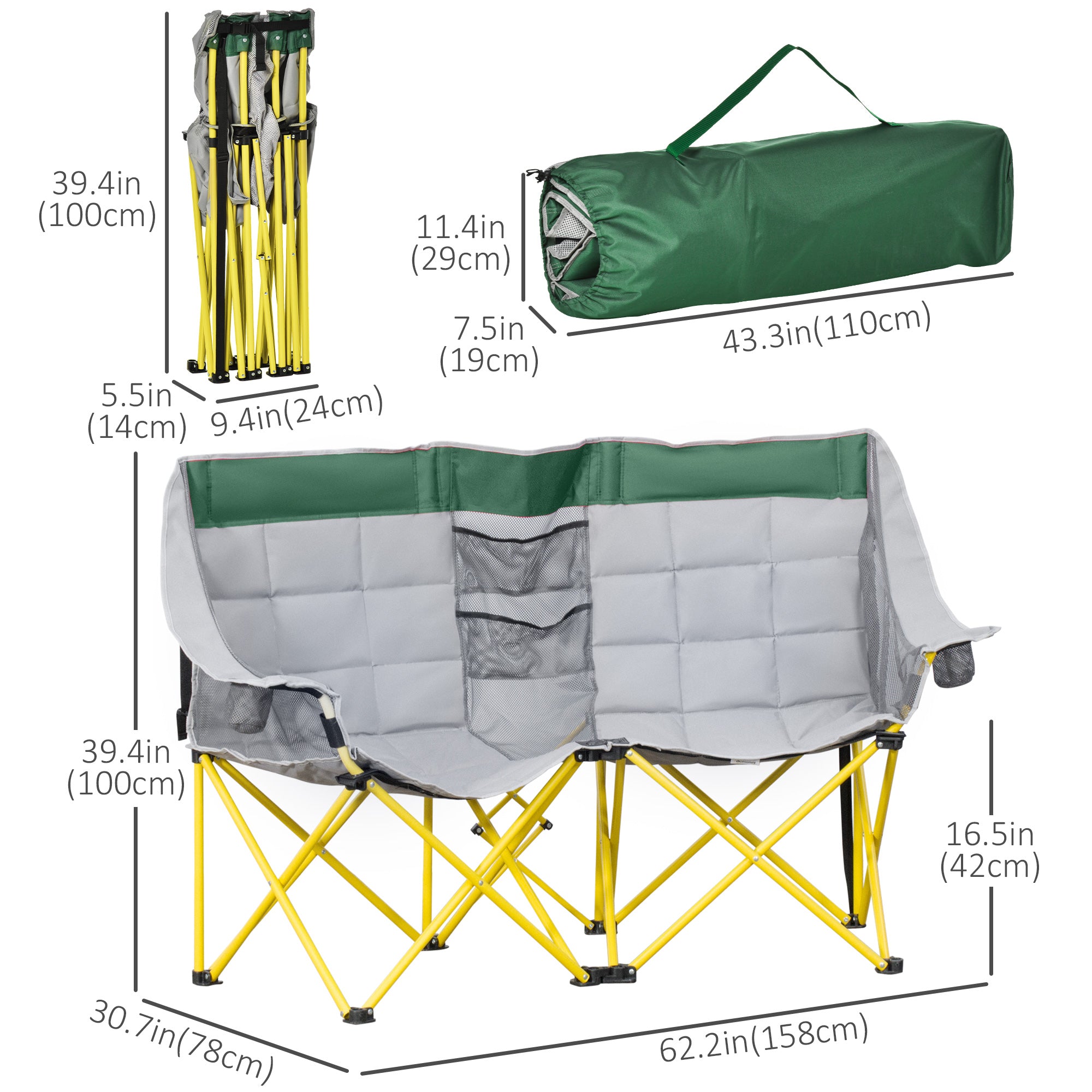 62" W Double Seat Camping Chair Folding Lawn Loveseat w/ Storage Pocket & Cup Holder Compact in a Bag for Outdoor, Beach, Picnic, Hiking, Travel, Green