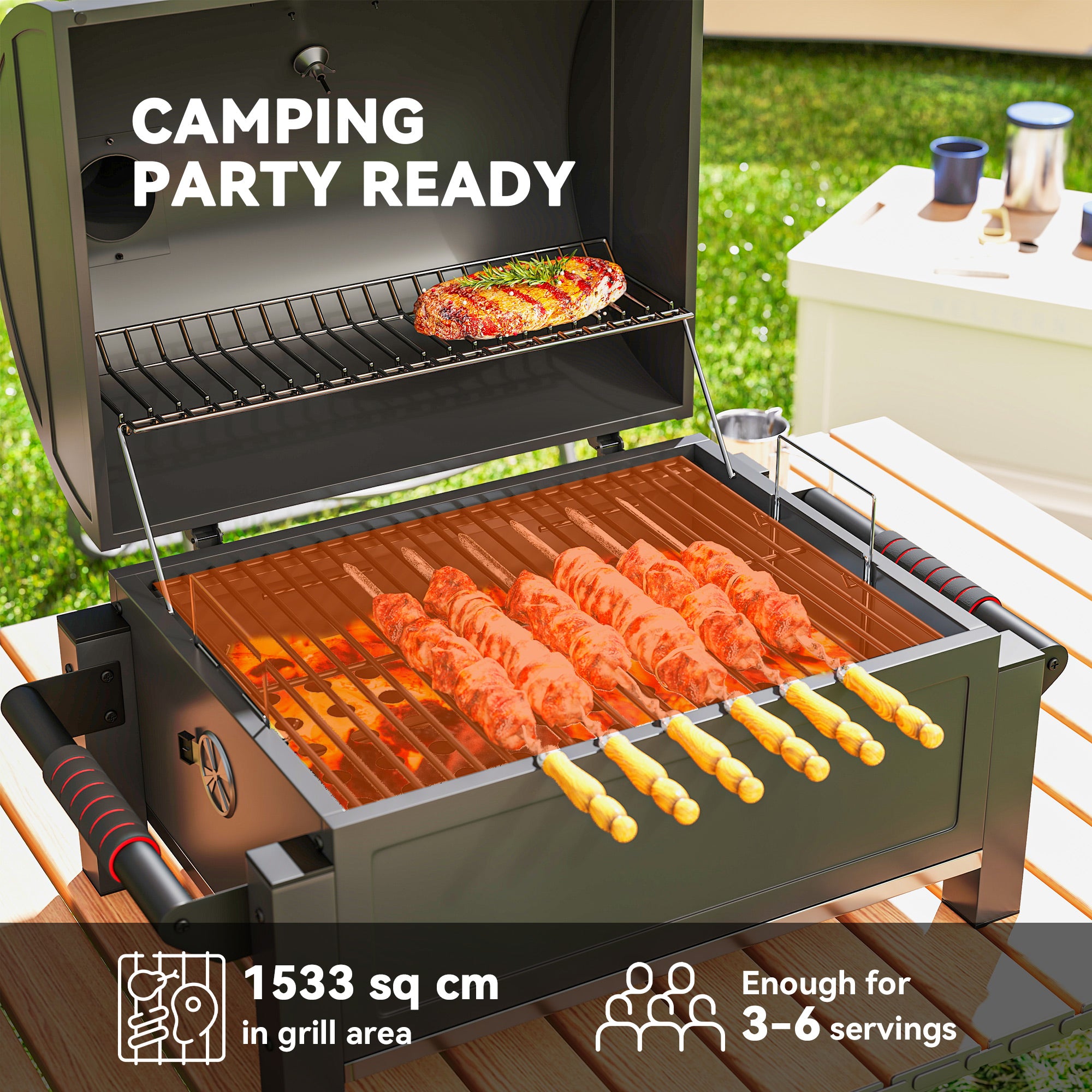 Tabletop Charcoal Smoker, Portable BBQ with Ash Catcher and Thermometer for Backyard, Camping, Picnic, Black