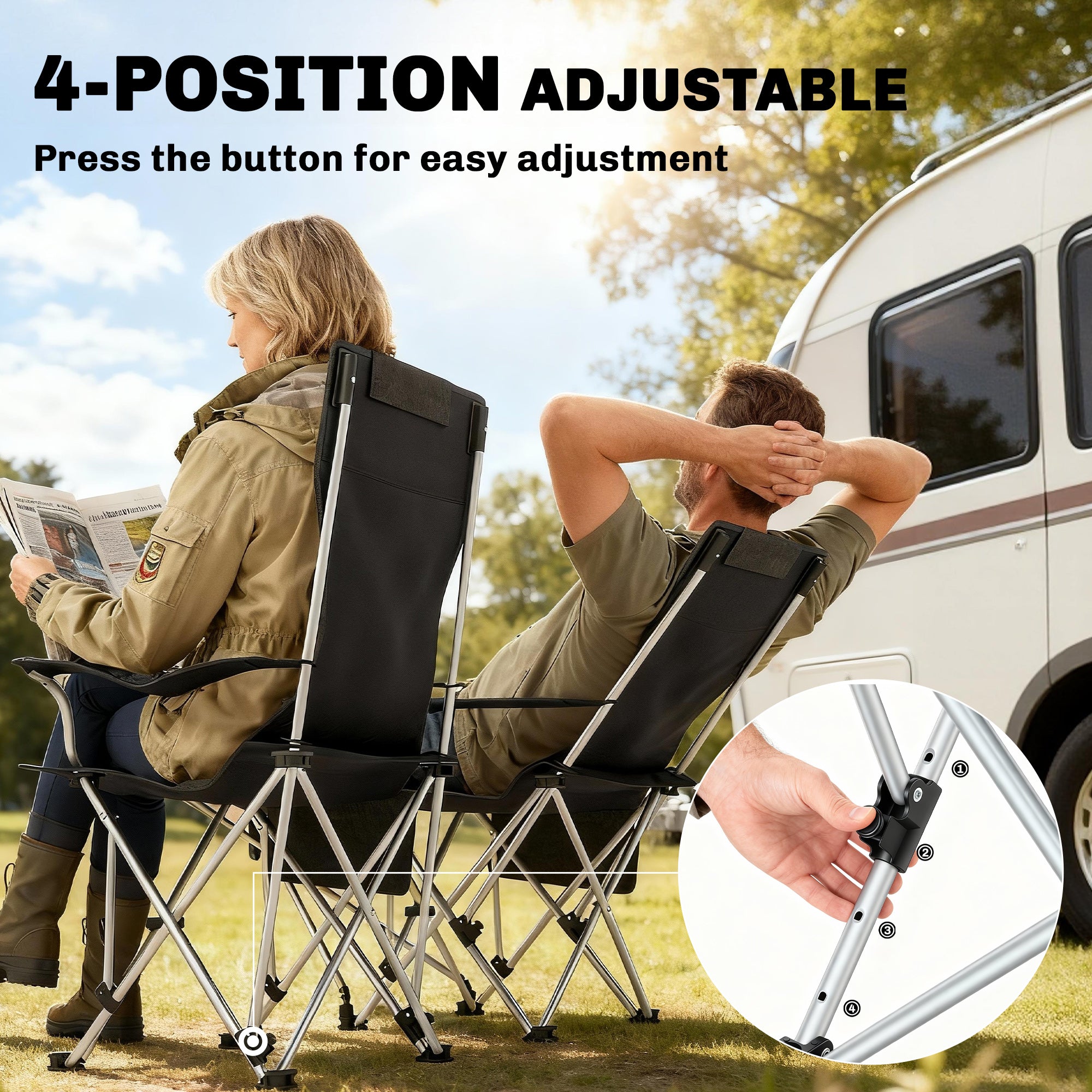 Set of 2 Reclining Camping Chair with Foot Rest, Folding Camping Chair w/ Headrest, Cup Holder, Storage Bag, Orange