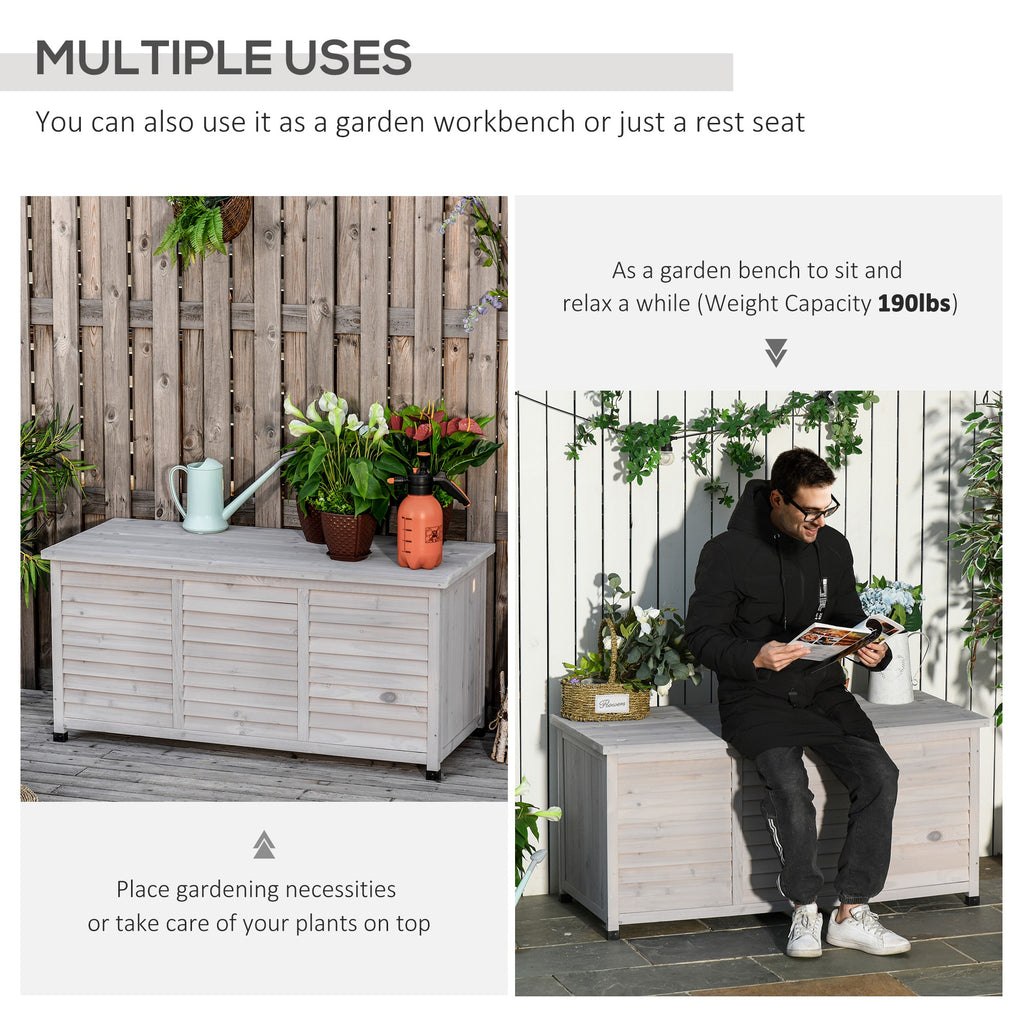 75 Gallon Wooden Storage Box patio Deck Box Bench, Garden Backyard Outdoor Storage Container with Aerating Gap & Weather-Fighting Finish, Grey