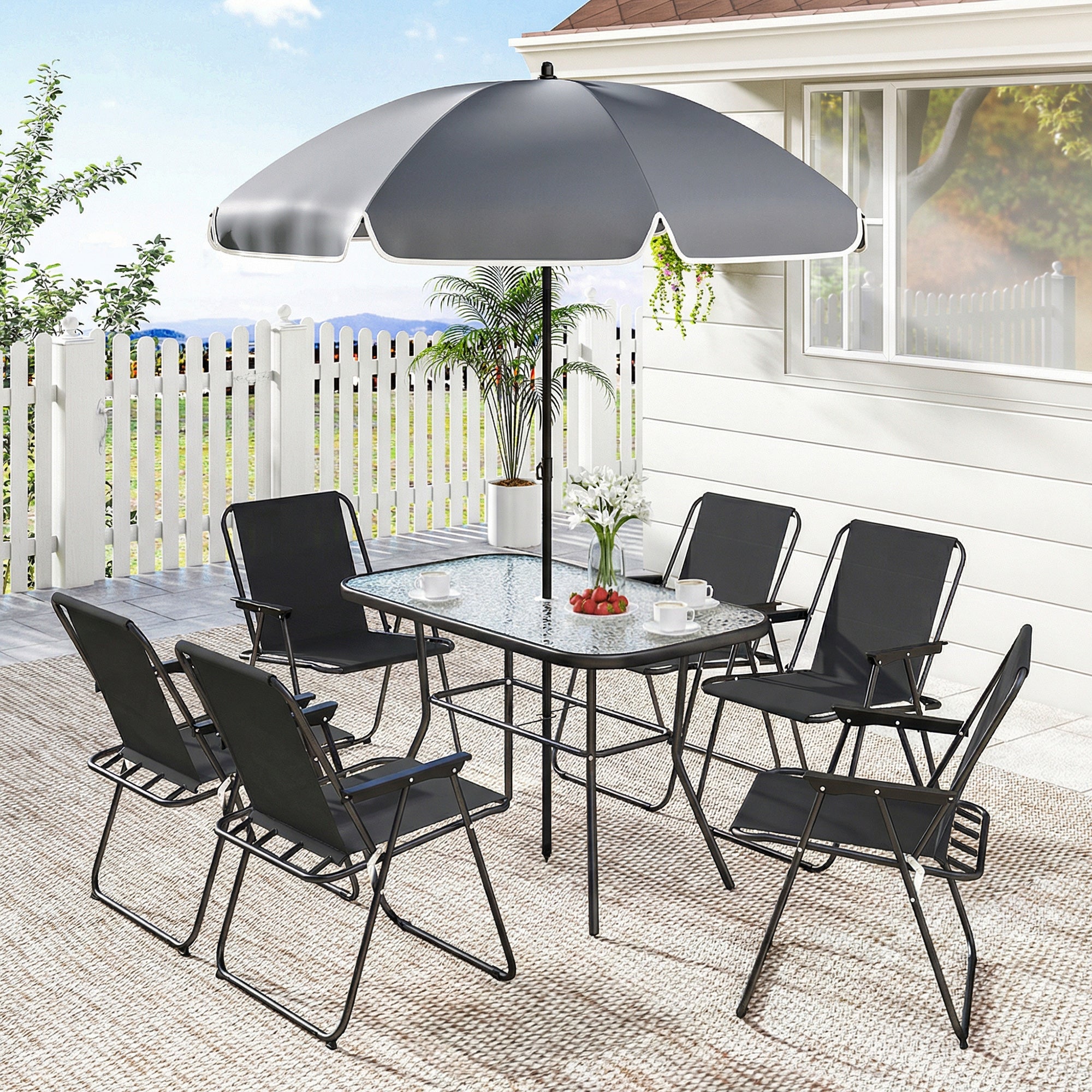 8 Piece Patio Table and Chairs Set with Folding Chairs, Tempered Glass Tabletop and Umbrella for Garden, Black