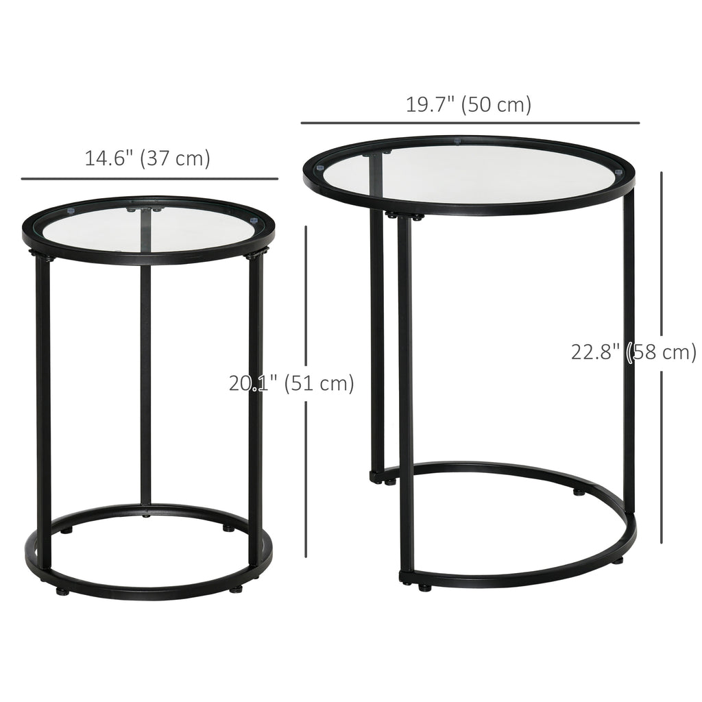 Set of 2 Nesting Coffee Tables with Metal Base, Round Side Table with Tempered Glass Tabletop for Living Room, Bedroom, Black