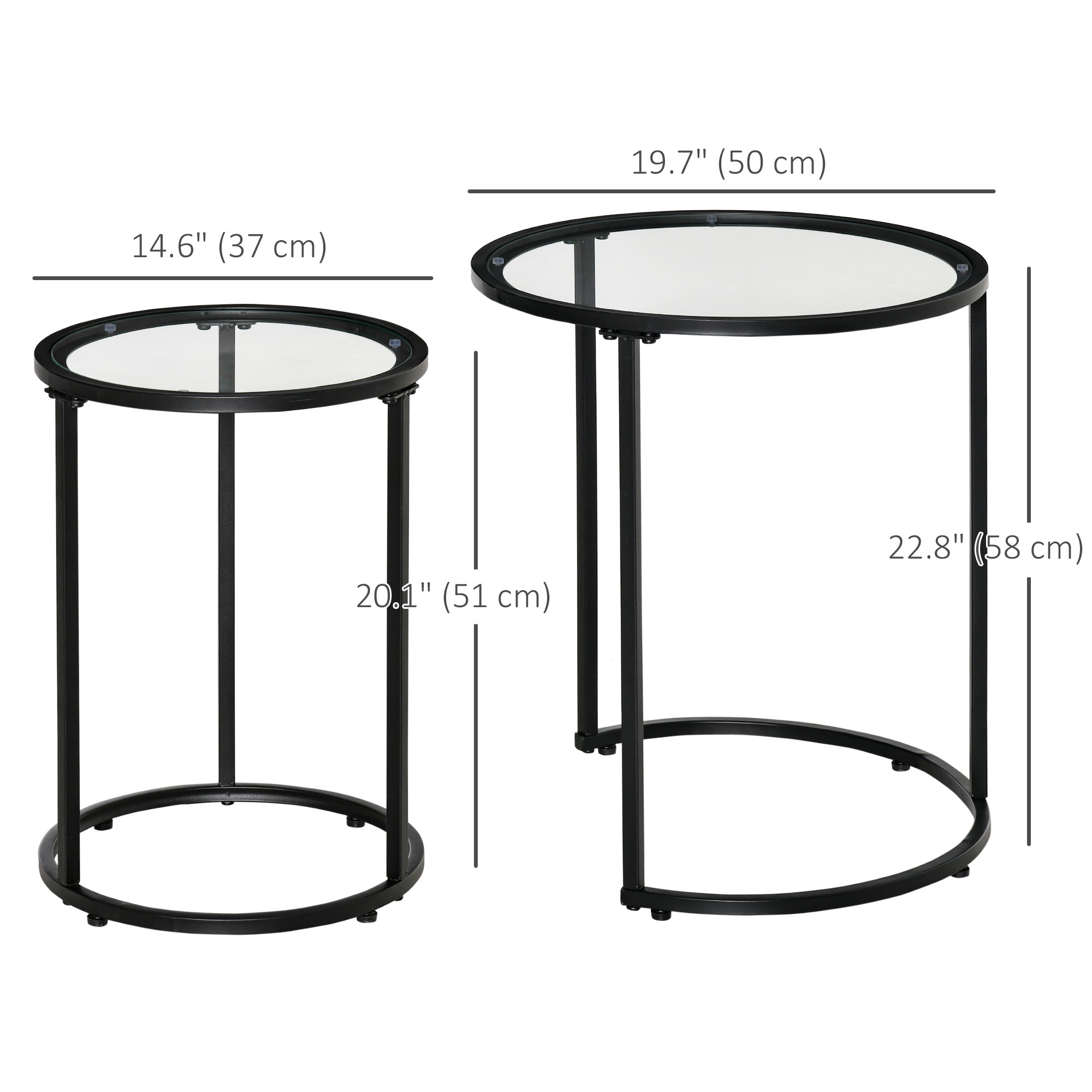 Set of 2 Nesting Coffee Tables with Metal Base, Round Side Table with Tempered Glass Tabletop for Living Room, Bedroom, Black
