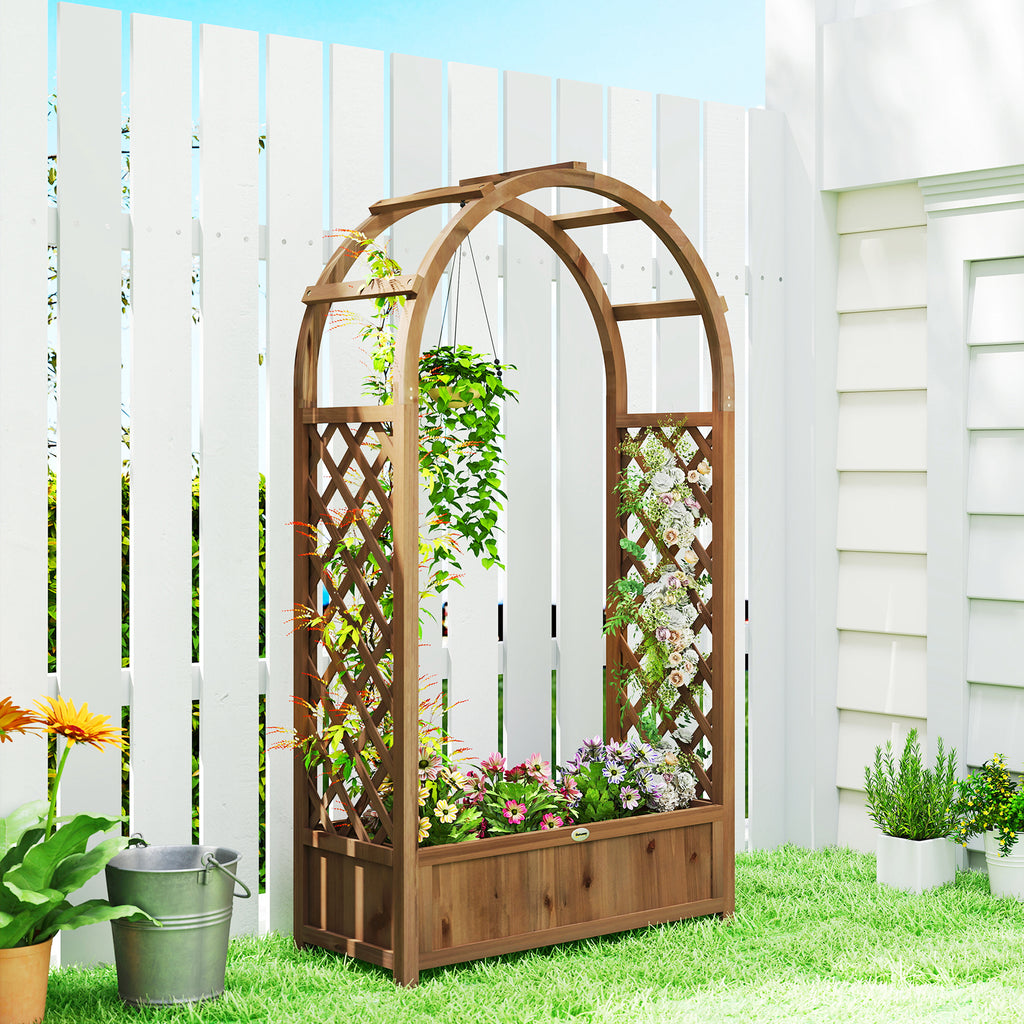 Raised Garden Bed with Arch Trellis, Freestanding Garden Planter Box, Outdoor Planter Container, Dark Brown Wood Effect
