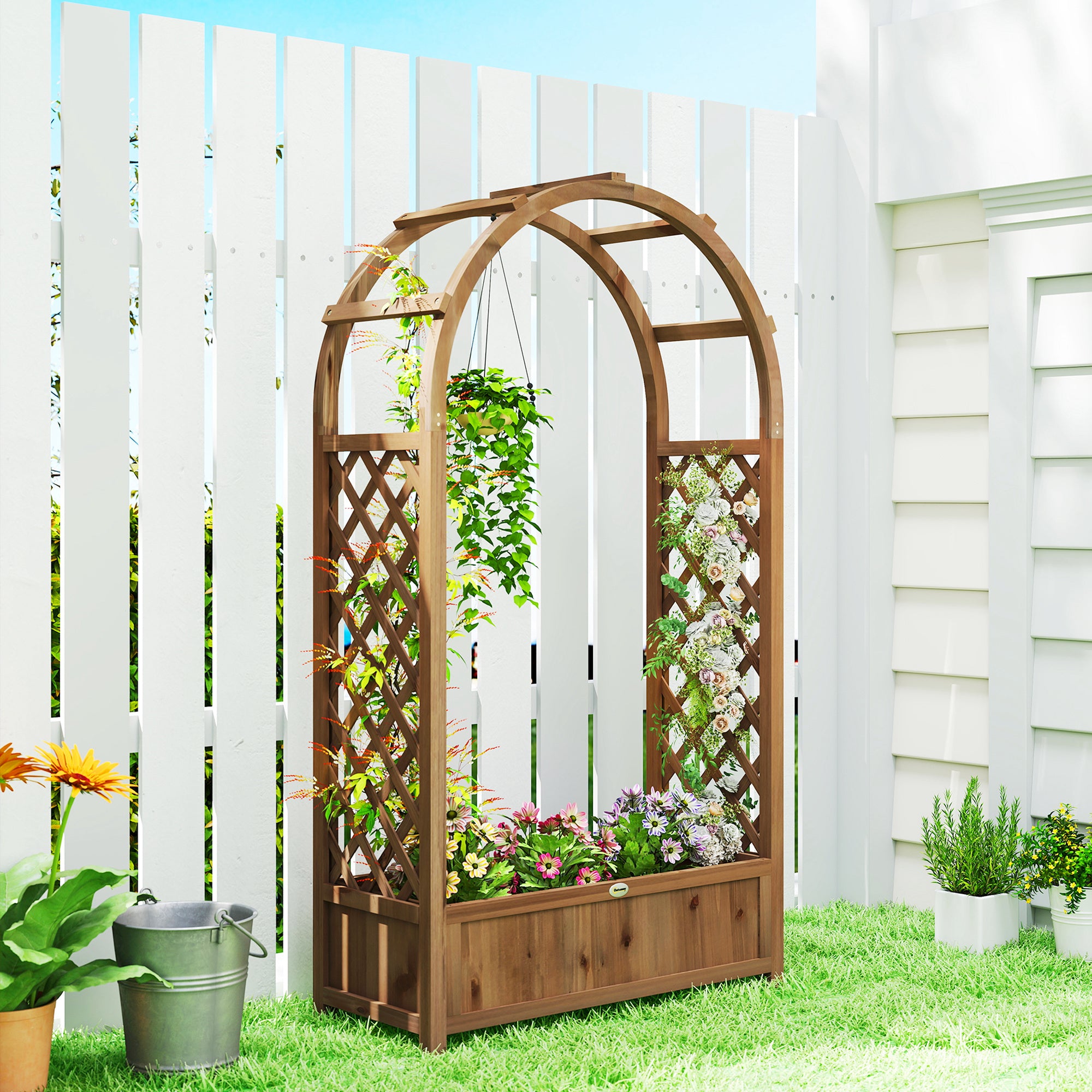 Raised Garden Bed with Arch Trellis, Freestanding Garden Planter Box, Outdoor Planter Container, Dark Brown Wood Effect