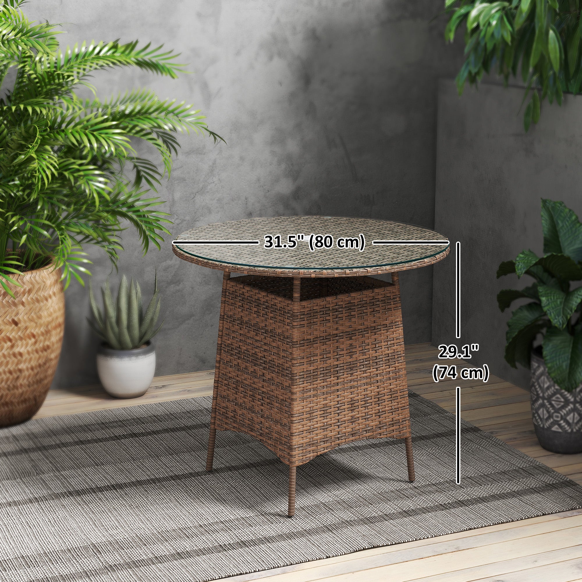 31.5" Outdoor Round Patio Table with Umbrella Hole, Bistro Coffee Table with Tempered Glass Top for Garden, Brown