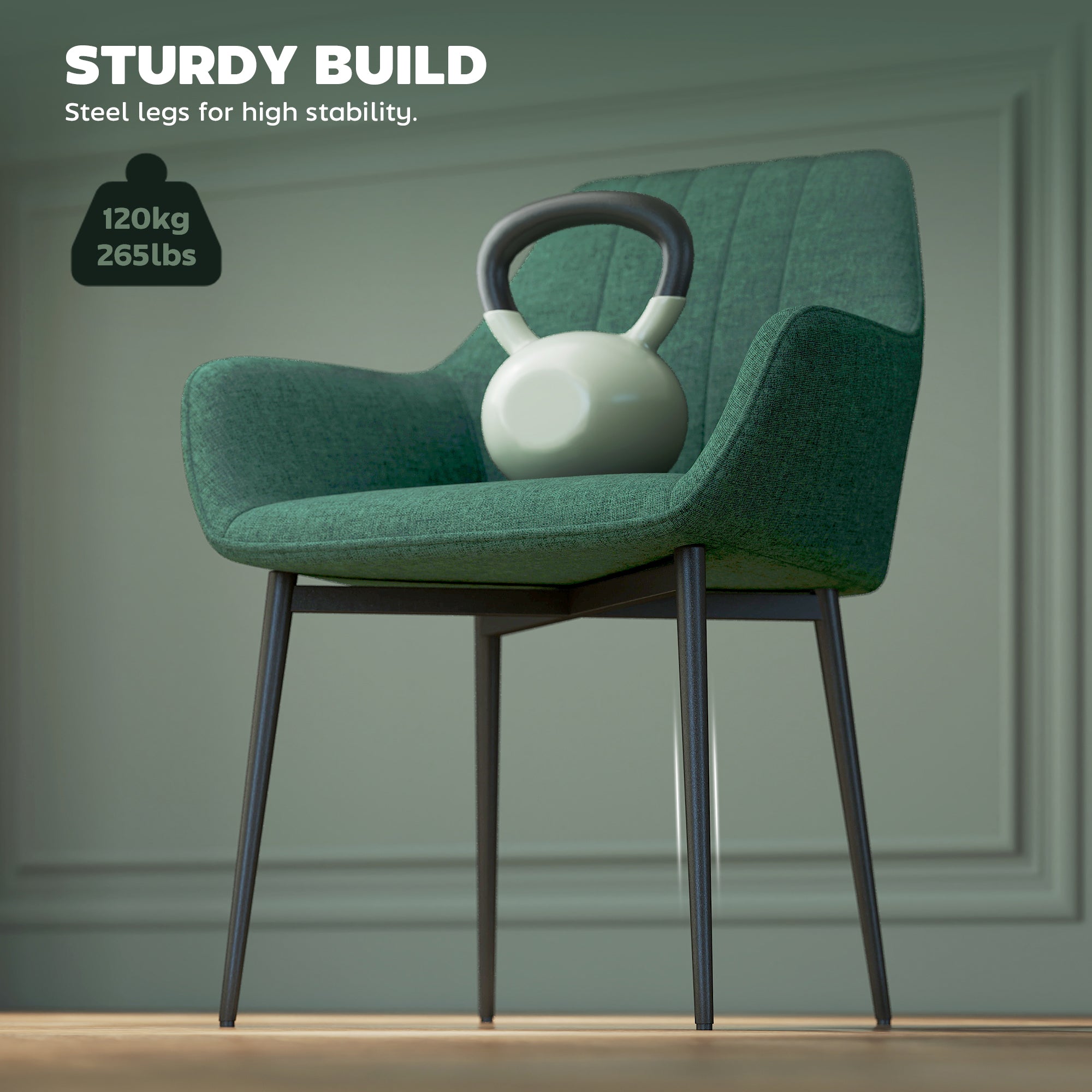 Dining Chairs Set of 2, Upholstered Linen Fabric Accent Chairs with Metal Legs, Dark Green