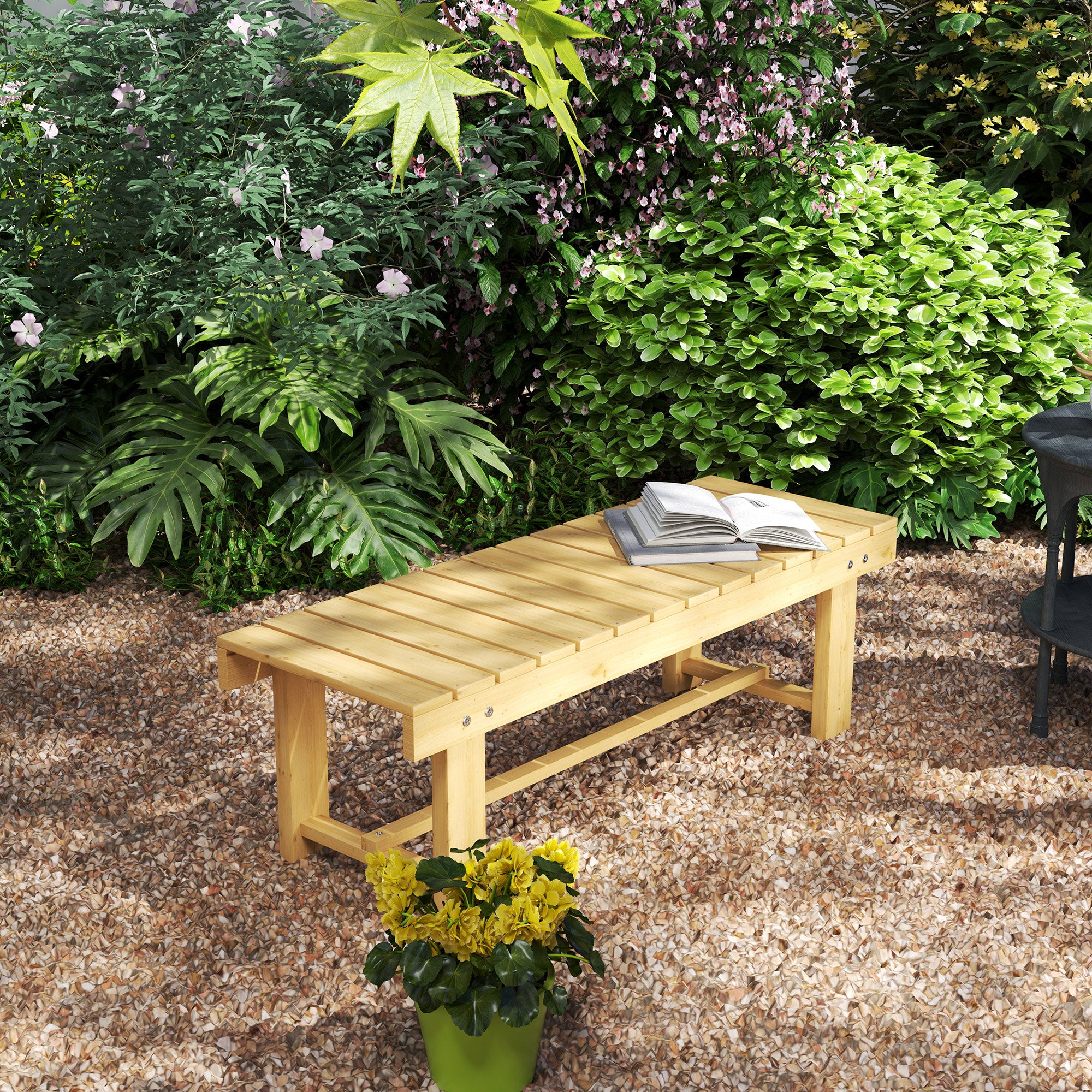 43" Wood Outdoor Bench, 2 Person Patio Bench, Backless Outdoor Patio Loveseat with Slatted Seat for Park, Backyard, Lawn, Natural Wood