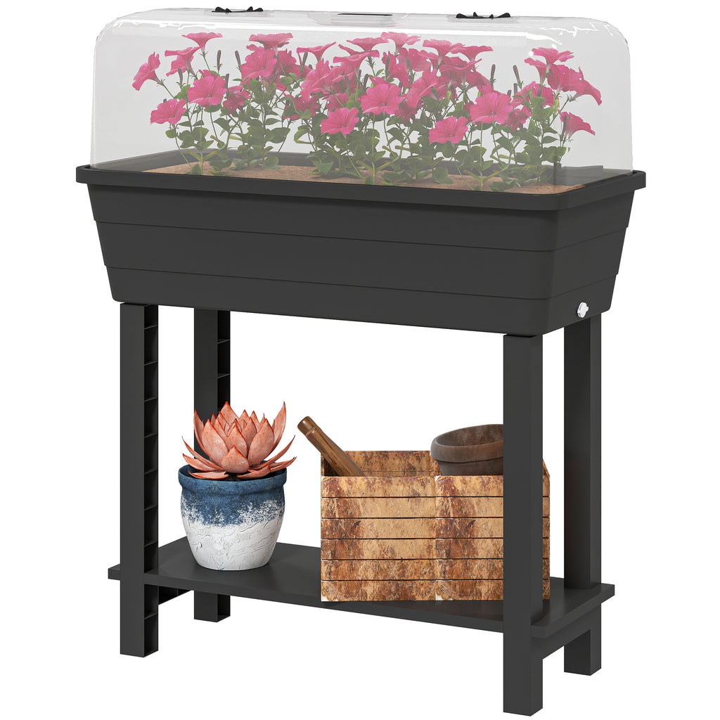 41L Self Watering Raised Garden Bed w/ Ventilation Transparent Lid Greenhouse, Planter Box w/ Storage Shelf, Black