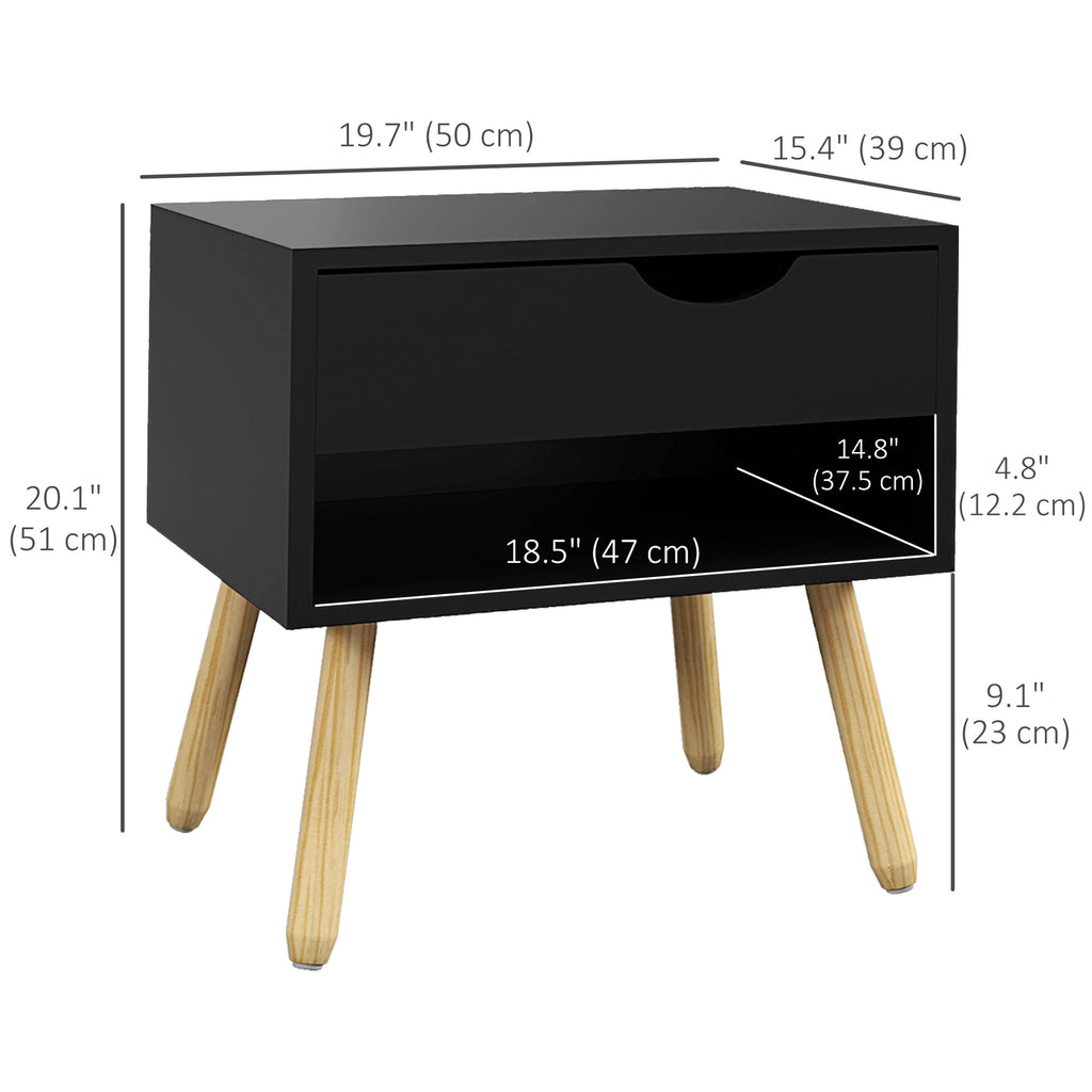Set of 2 Nightstands with Storage Drawer and Shelf, Modern Bedside Table for Bedroom, Black