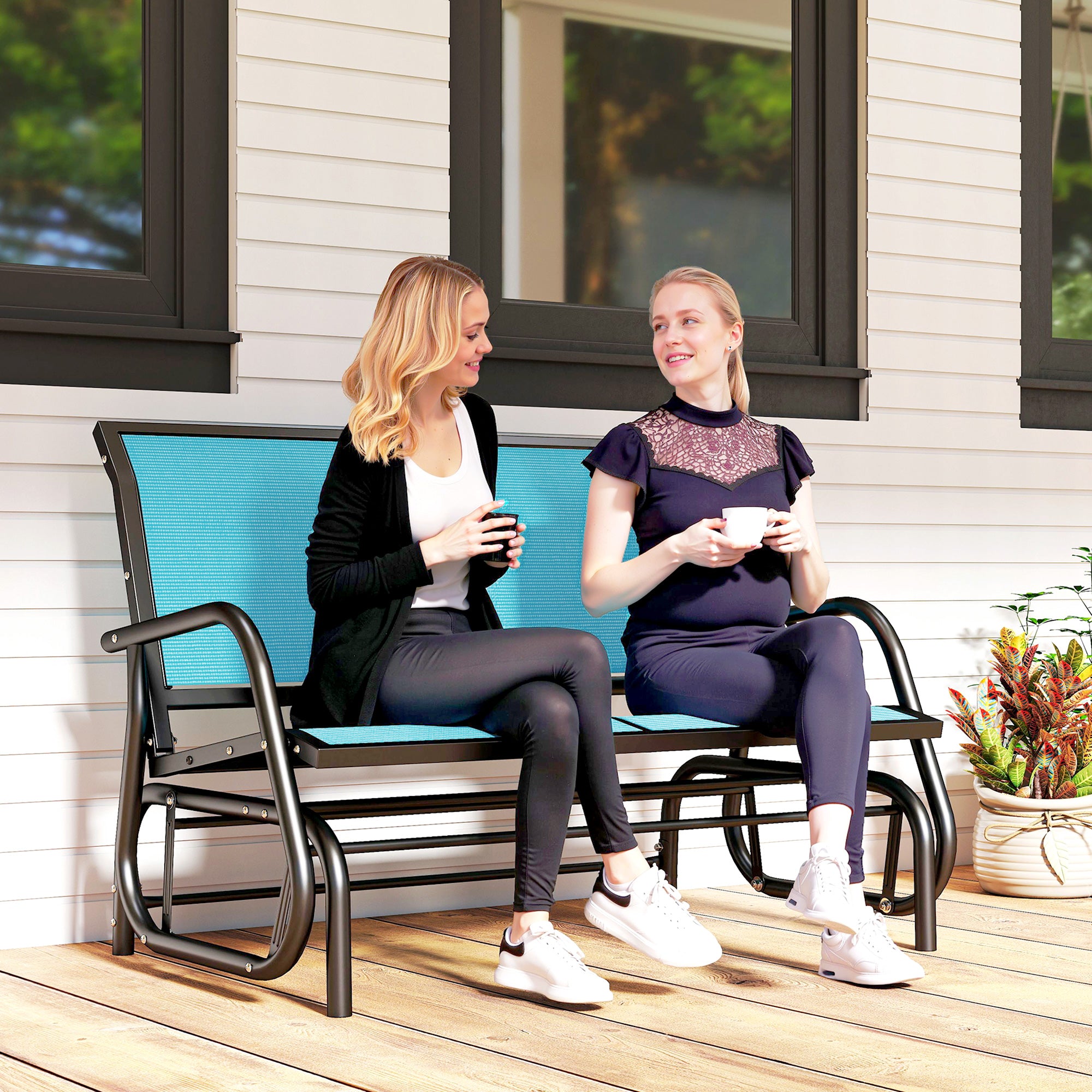 Outdoor Glider Bench, 2 Person Patio Glider Chair, Gliding Outdoor Garden Loveseat Swing Bench with Breathable Mesh Fabric, Steel Frame for Backyard, Porch, Blue