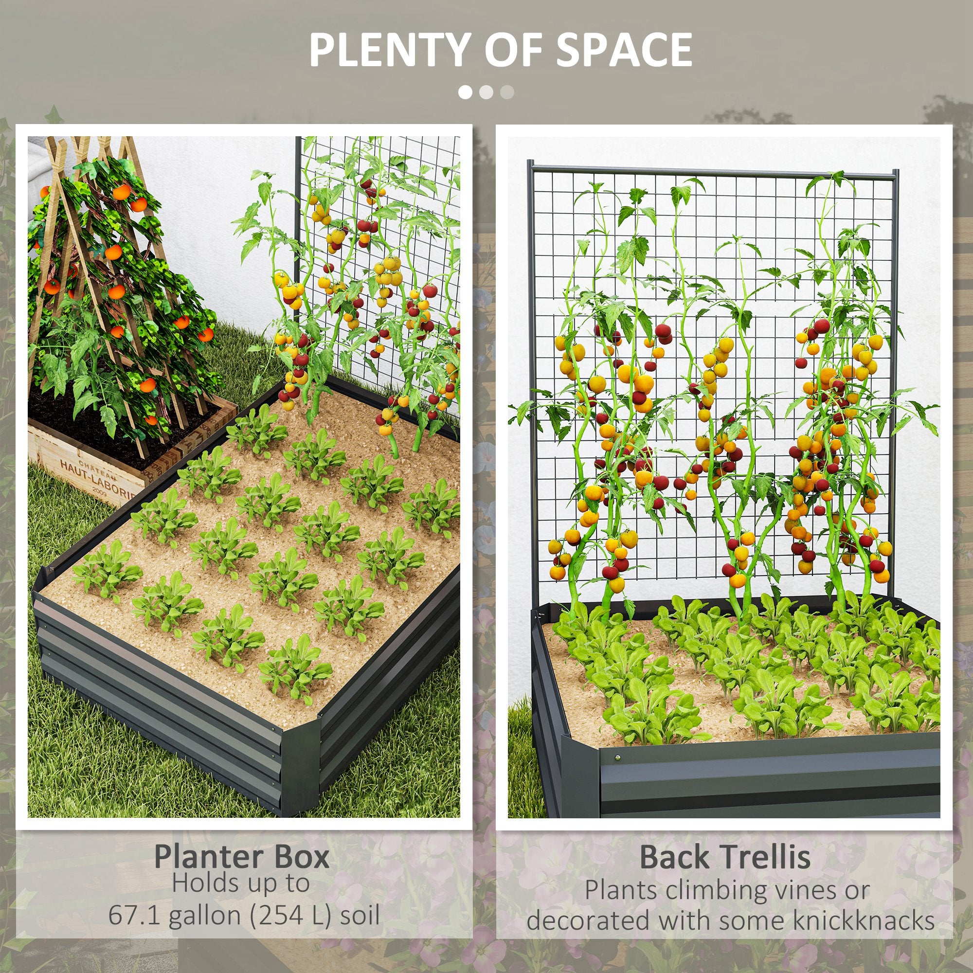 Galvanized Raised Garden Bed with Trellis for Climbing Plants, Outdoor Planter Box with Open Bottom, Dark Grey