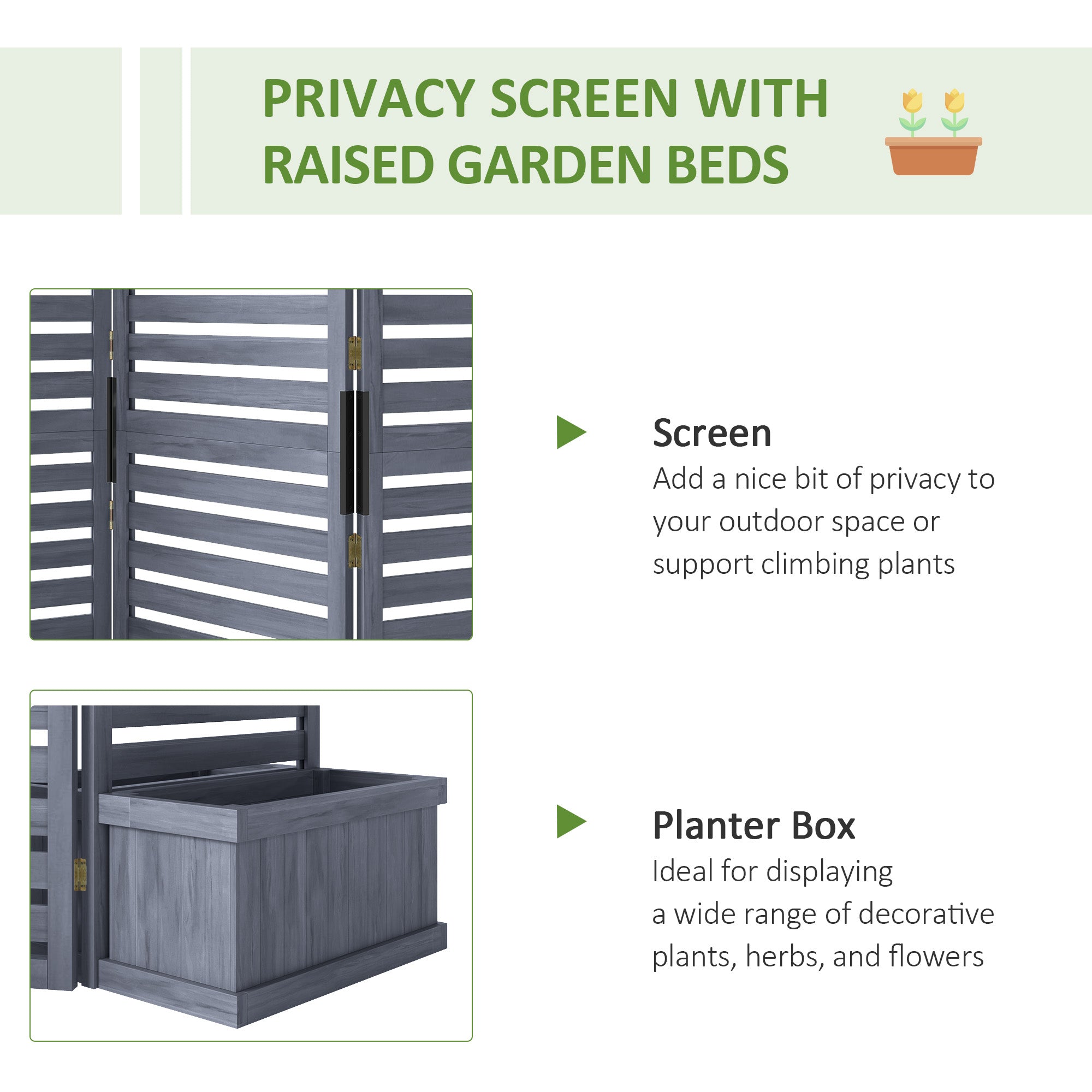 Outdoor Privacy Screen Wood Privacy Panel with 4 Planter Boxes, Raised Bed with 3 Panels, Drainage Holes, Grey