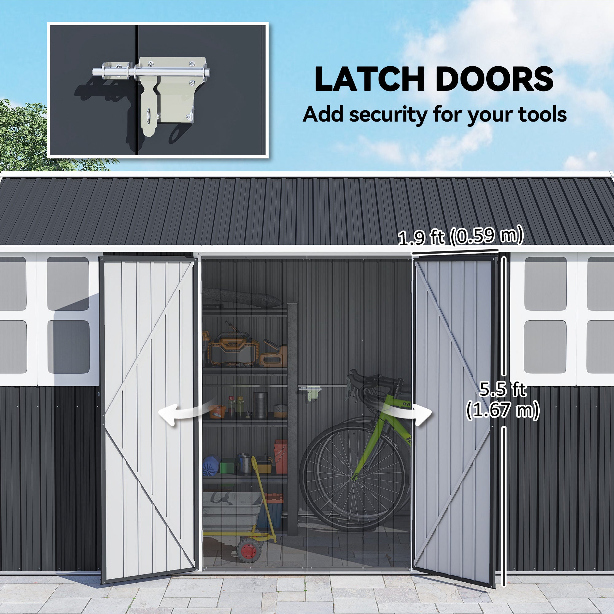 12' x 5.5' Metal Garden Storage Shed, Outdoor Tool Storage House with Lockable Door, Vents, Sloped Roof, Dark Grey