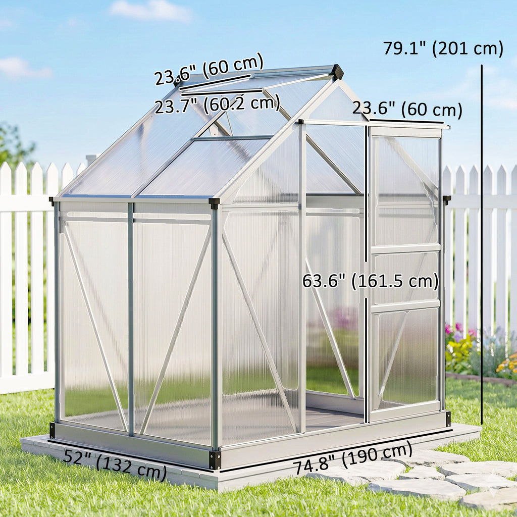 6' x 4' x 6.6' Polycarbonate Greenhouse, Walk-In Green House Kit Garden, Plants Grow, Galvanized Sheet Aluminum Frame with Rain Gutter, Vent and Sliding Door, Silver
