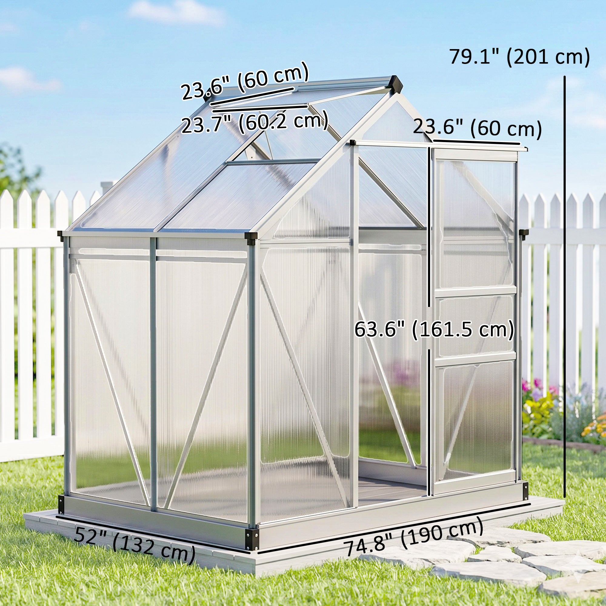 6' x 4' x 6.6' Polycarbonate Greenhouse, Walk-In Green House Kit Garden, Plants Grow, Galvanized Sheet Aluminum Frame with Rain Gutter, Vent and Sliding Door, Silver