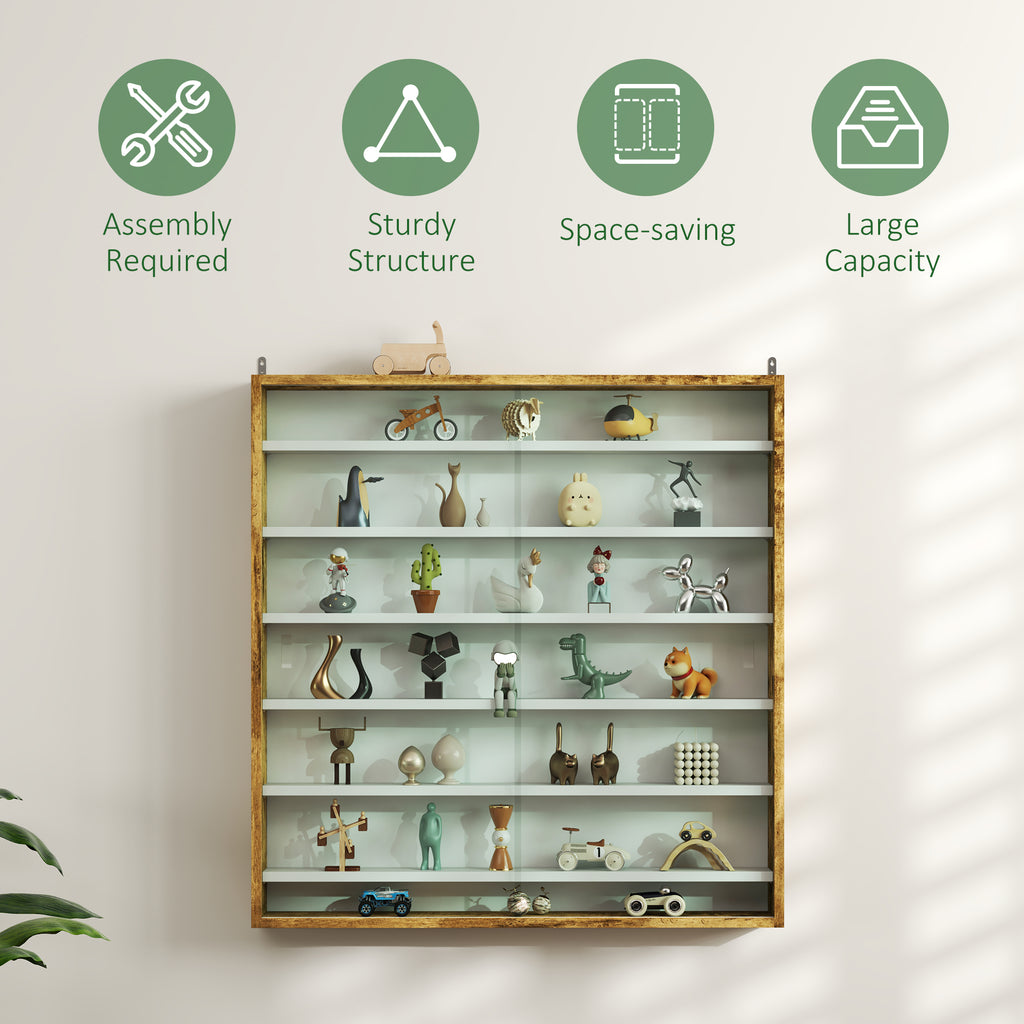 7-Tier Display Cabinet, Shot Glass Display Case, Glass Curio Cabinet with 2 Glass Doors and 6 Adjustable Shelves, Rustic Brown
