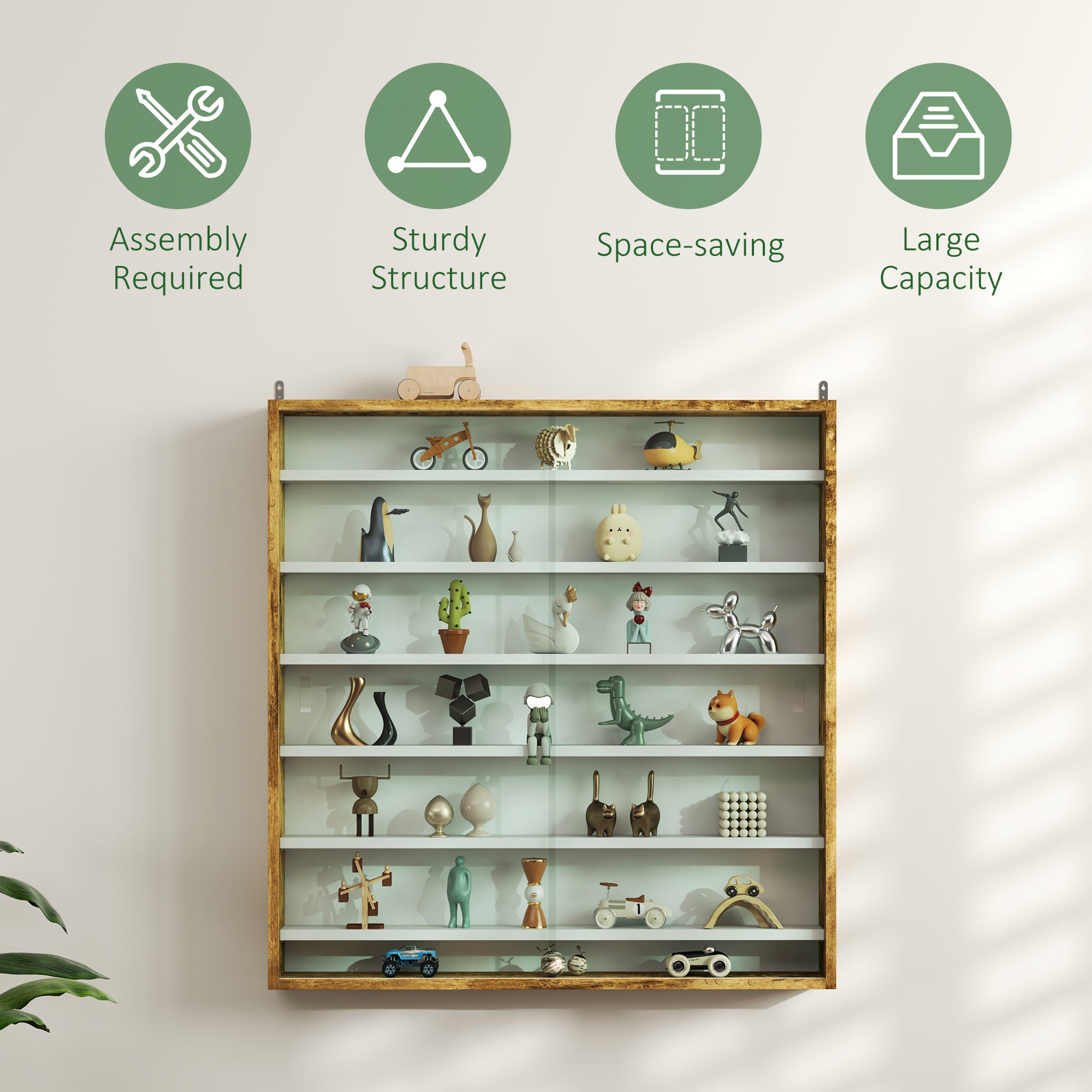 7-Tier Display Cabinet, Shot Glass Display Case, Glass Curio Cabinet with 2 Glass Doors and 6 Adjustable Shelves, Rustic Brown