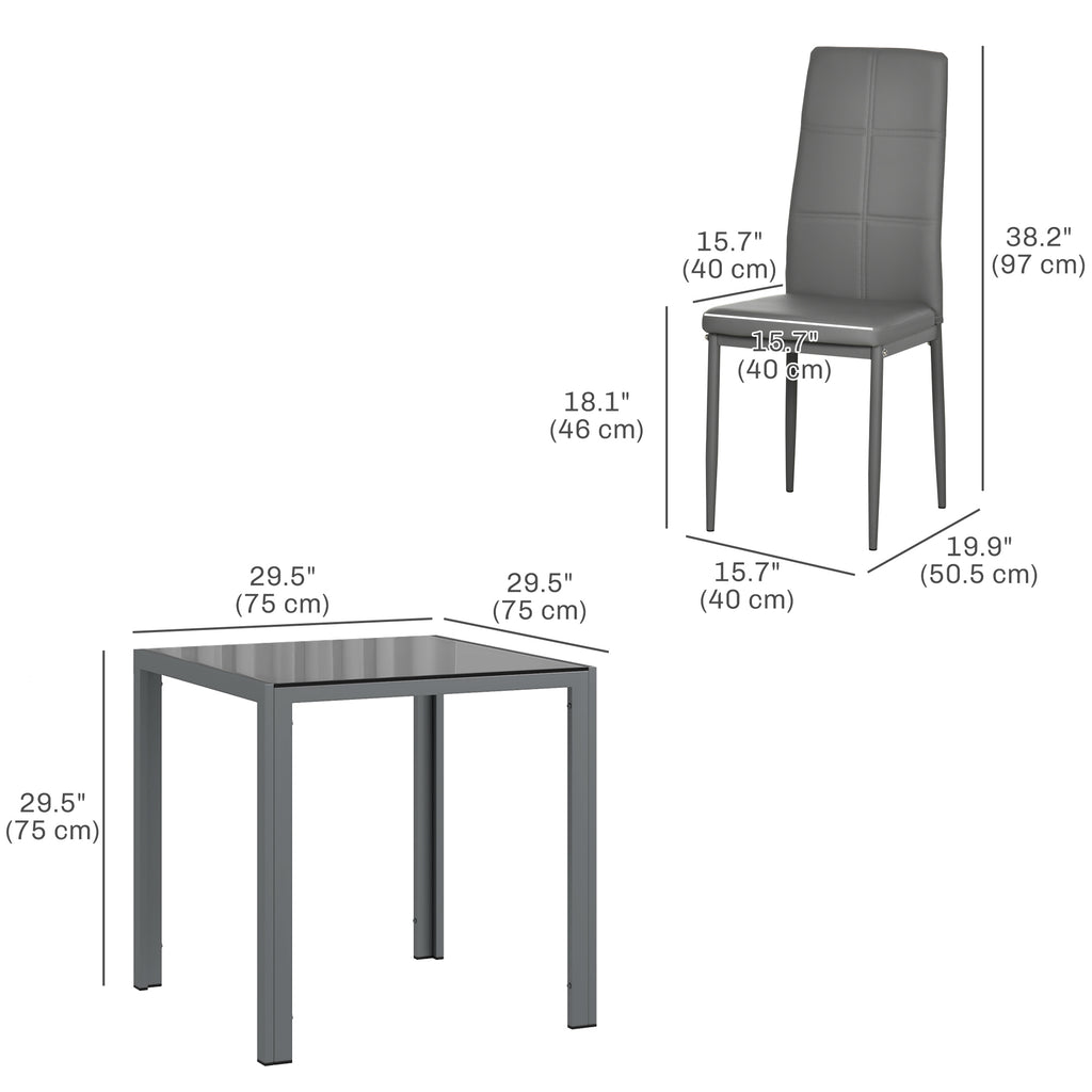 3-Piece Rectangular Glass Kitchen Table and Chairs with Metal Frame and Faux Leather Upholstery for Dining Room, Grey