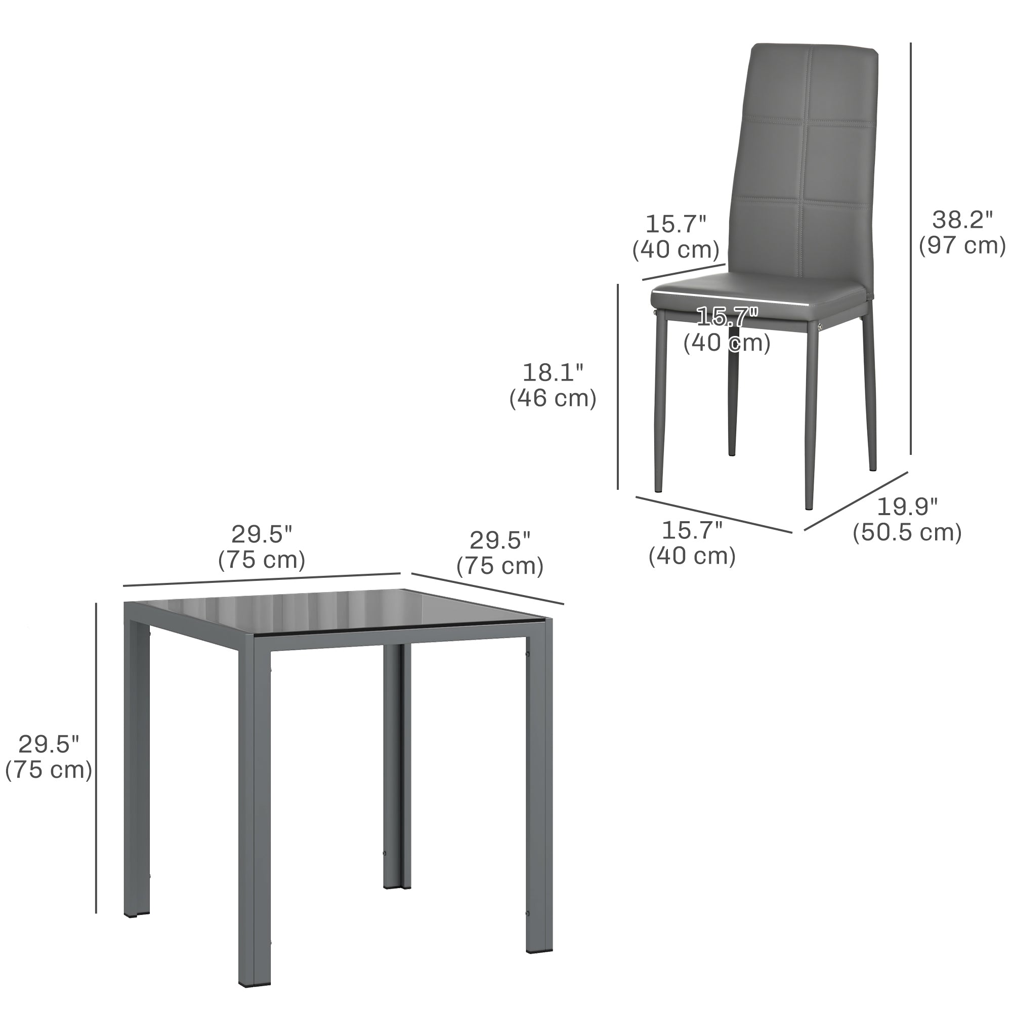 3-Piece Rectangular Glass Kitchen Table and Chairs with Metal Frame and Faux Leather Upholstery for Dining Room, Grey