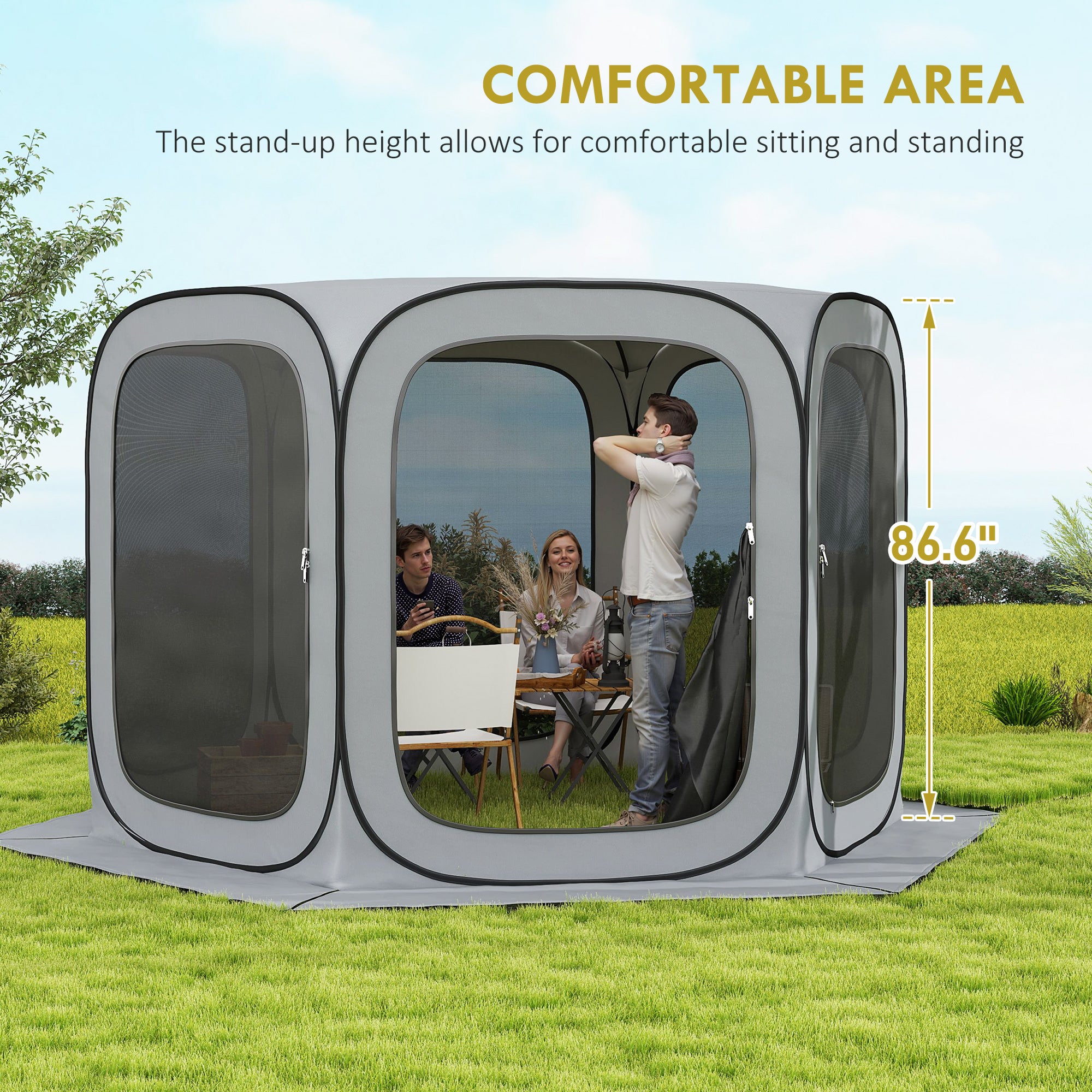 11 x 11ft Pop Up Screen Tent, UPF50+ Portable Camping Gazebo Screen House with Carry Bag, Light Grey