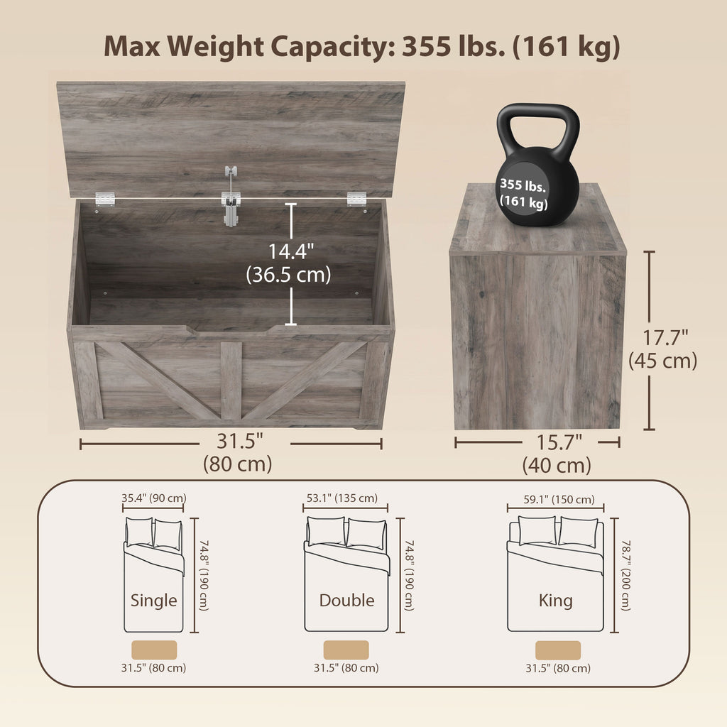 31.5 Inches Storage Chest, Storage Trunk with Safety Hinge for Living Room, Grey Wood Grain