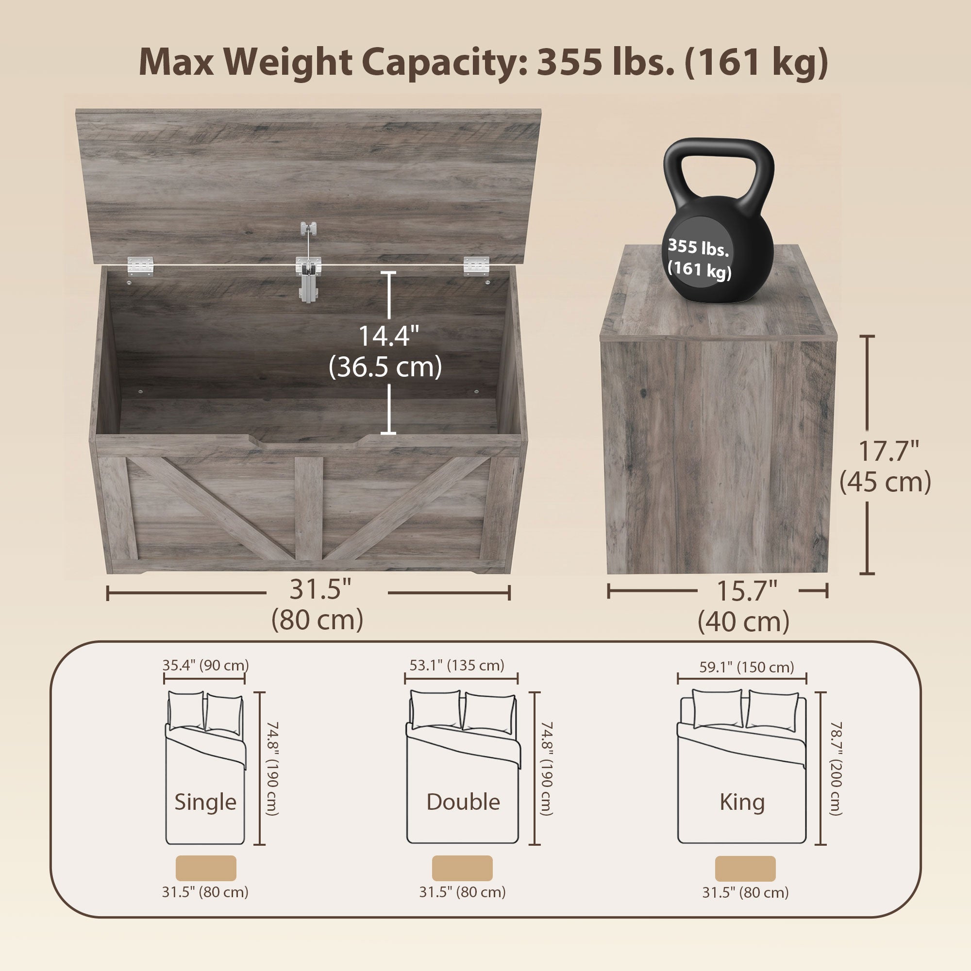 31.5 Inches Storage Chest, Storage Trunk with Safety Hinge for Living Room, Grey Wood Grain
