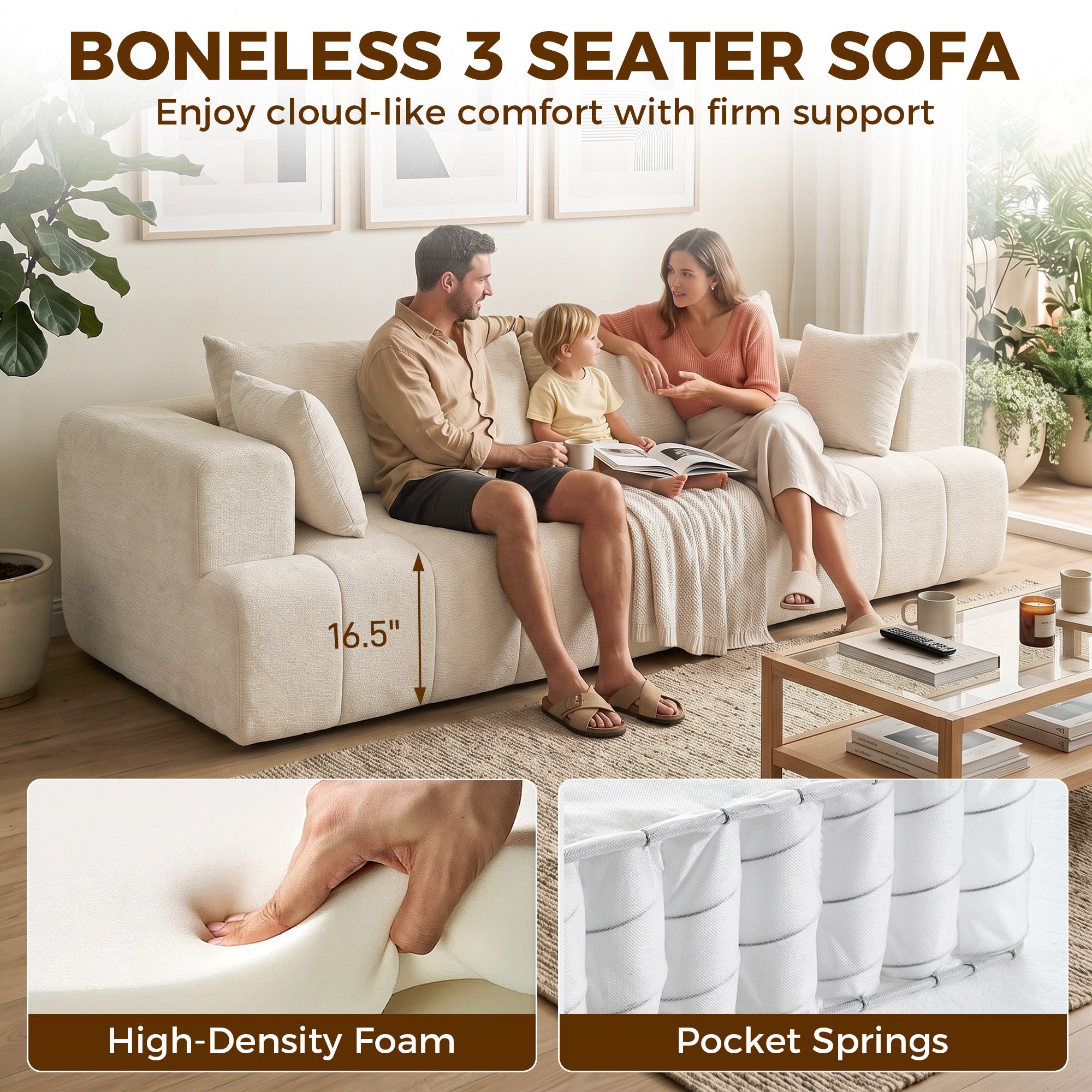 3 Seater Sofa, Chenille Boneless Cloud Couch with Thick Spring Cushion, Wide and Deep Seat, Wide Armrests, Beige