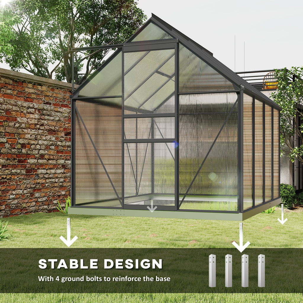 6' x 8' x 6.5' Polycarbonate Greenhouse, Walk-in Green House with Adjustable Roof Vent Galvanized Base Sliding Door Rain Gutter for Outdoor Garden Backyard, Charcoal Grey