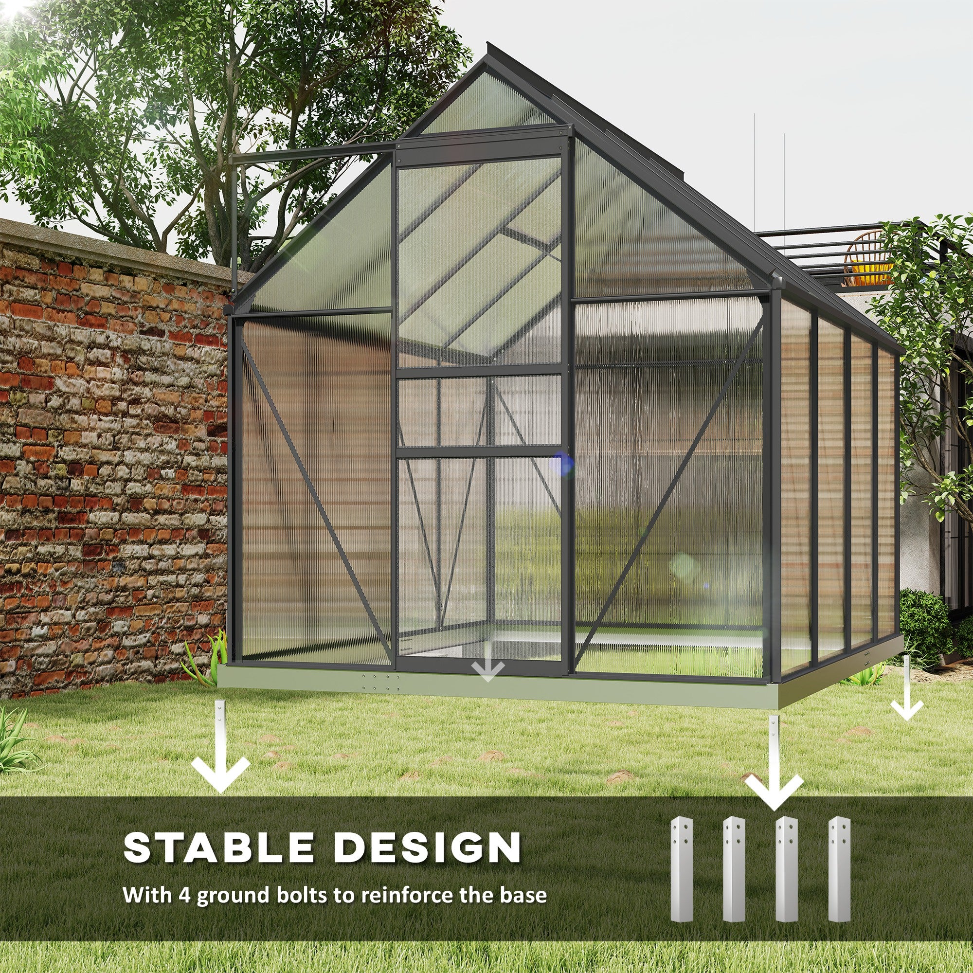 6' x 8' x 6.5' Polycarbonate Greenhouse, Walk-in Green House with Adjustable Roof Vent Galvanized Base Sliding Door Rain Gutter for Outdoor Garden Backyard, Charcoal Grey