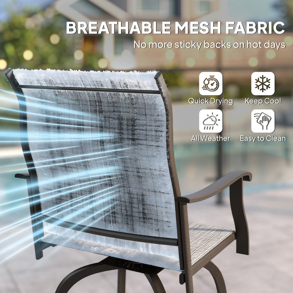 Outdoor Bar Stools Set of 2, Swivel Bar Height Chairs with High Back, Curved Armrests and Steel Frame, Mixed Grey