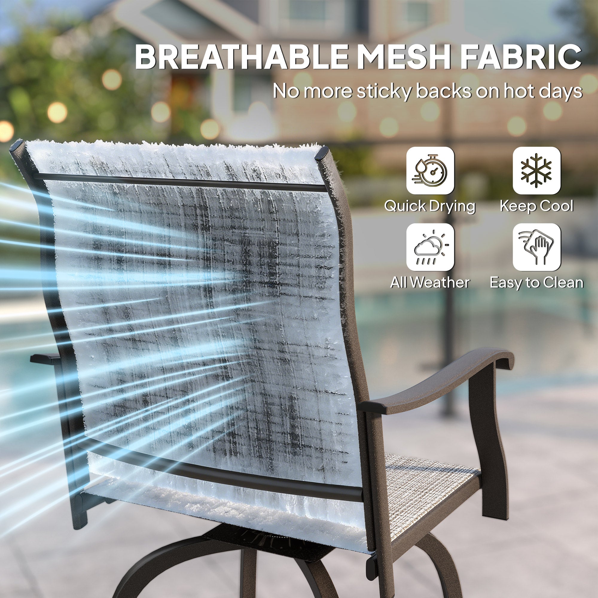 Outdoor Bar Stools Set of 2, Swivel Bar Height Chairs with High Back, Curved Armrests and Steel Frame, Mixed Grey