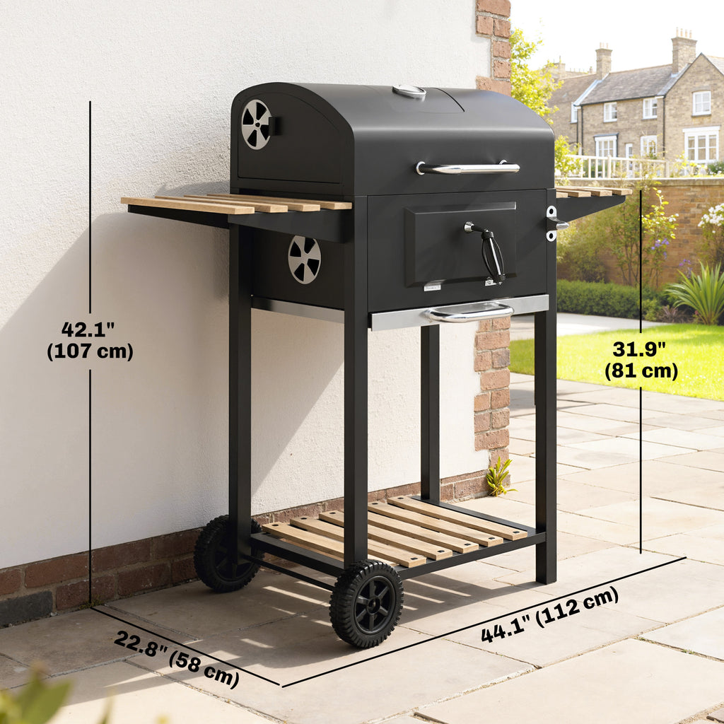20" Charcoal BBQ Grill Barbecue on Wheels with Adjustable Charcoal Pan, Spacious Cooking Area, 3 Shelves, Thermometer