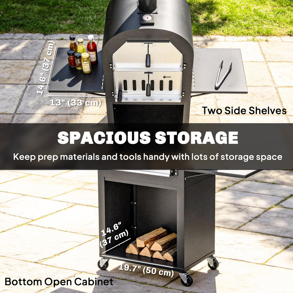 Outdoor Wood Fired Pizza Oven with Side Shelves and Open Cabinet, Pizza Maker on Wheels with Thermometer, Stone, Peel