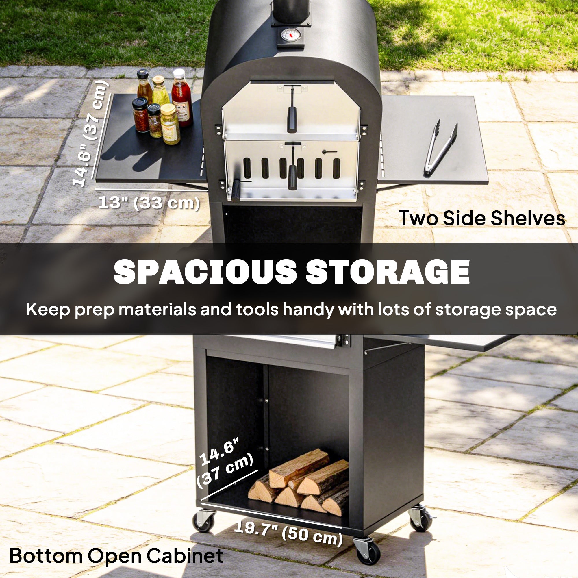 Outdoor Wood Fired Pizza Oven with Side Shelves and Open Cabinet, Pizza Maker on Wheels with Thermometer, Stone, Peel