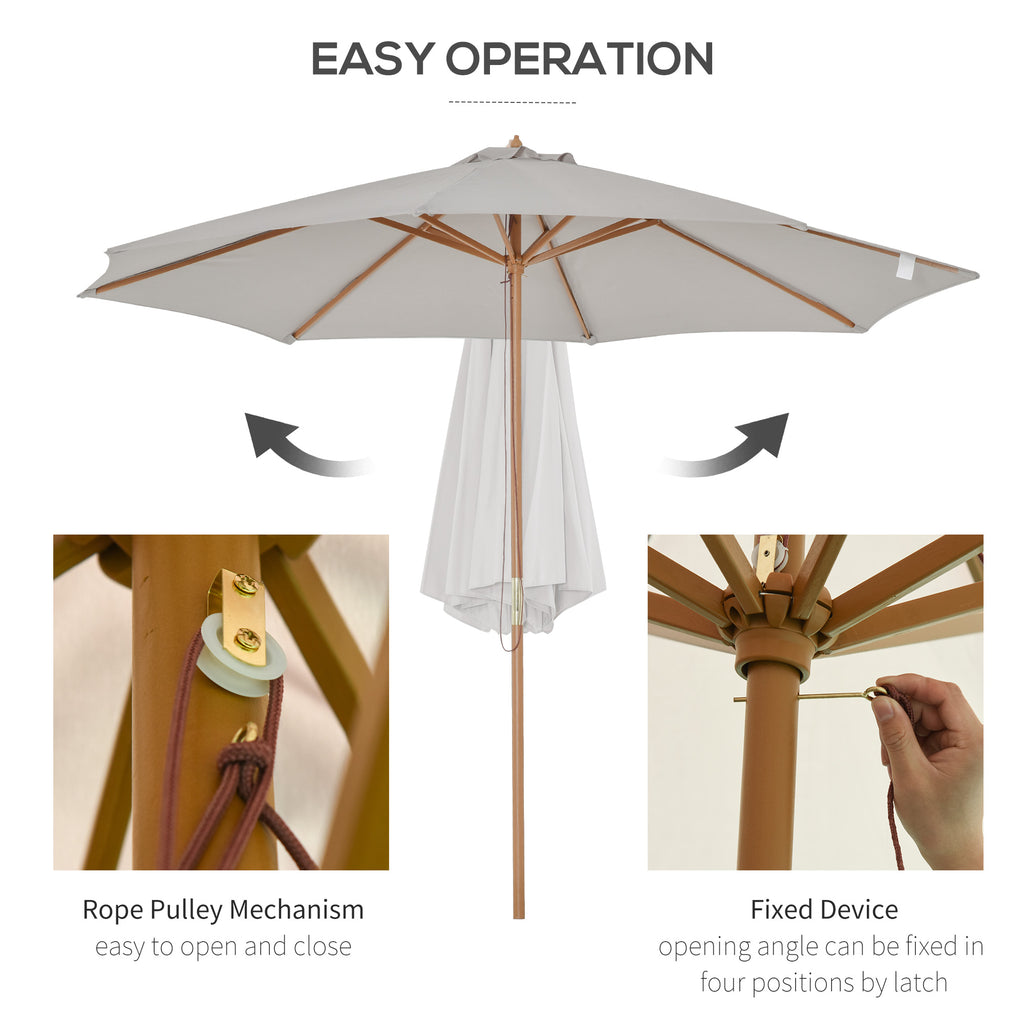 10' x 8' Wooden Patio Umbrella, Garden Parasol, Outdoor Sunshade Canopy with Bamboo Rib for Outdoor, Grey