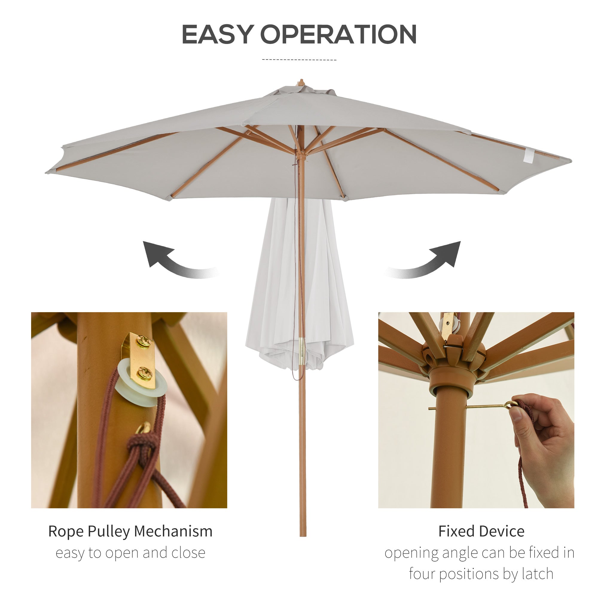 10' x 8' Wooden Patio Umbrella, Garden Parasol, Outdoor Sunshade Canopy with Bamboo Rib for Outdoor, Grey